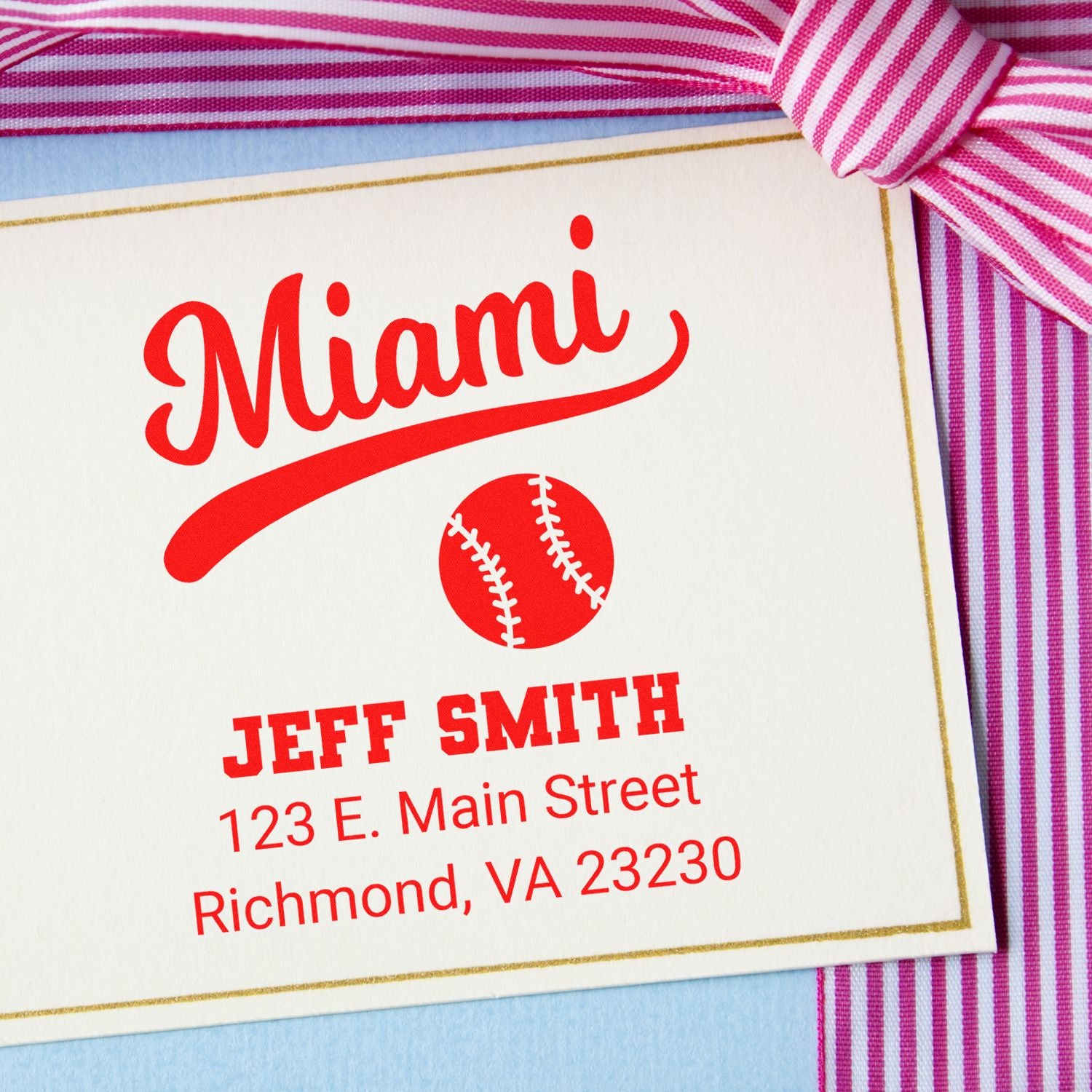 Custom baseball return address rubber stamp with Miami design, Jeff Smith name, and Richmond, VA address.
