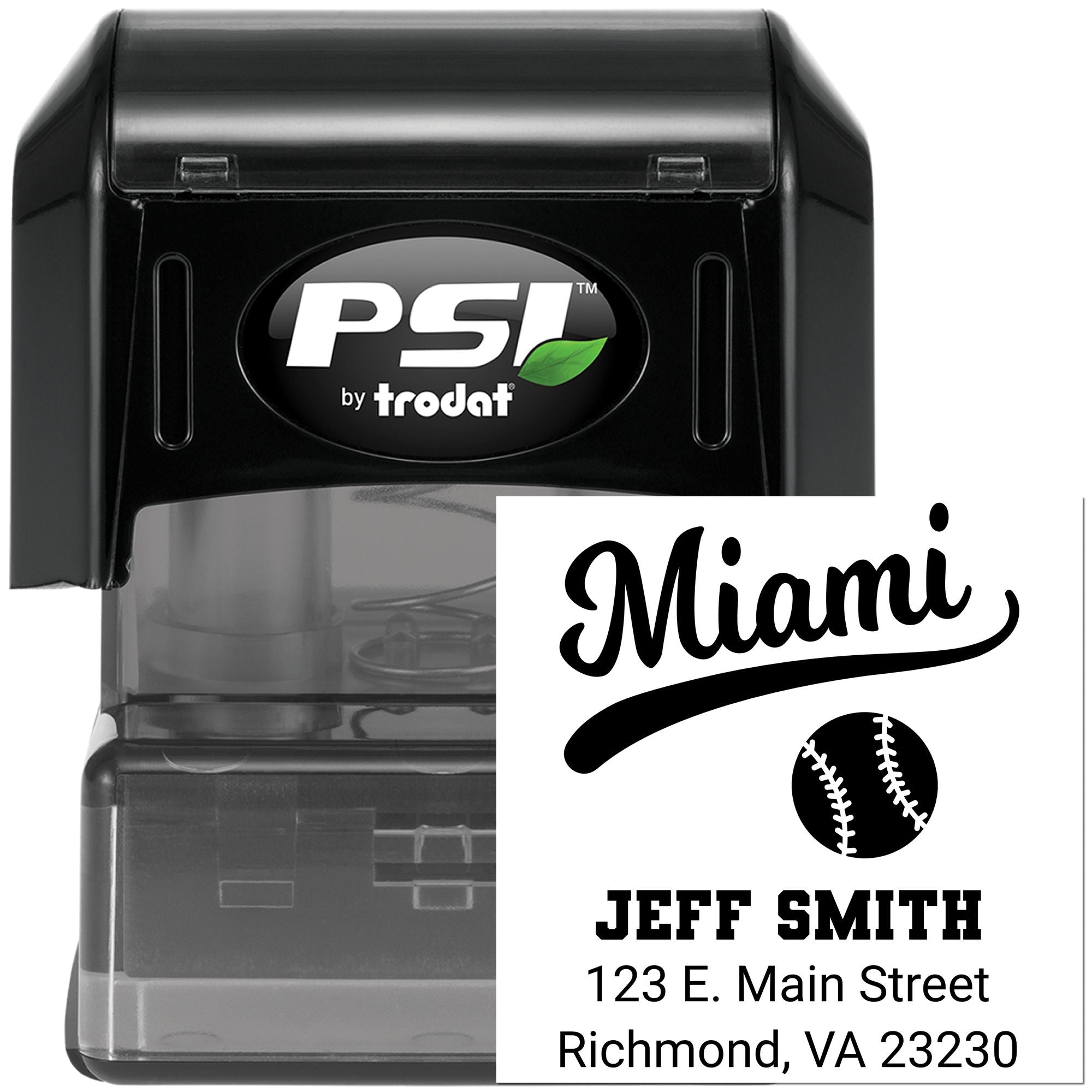 Custom self-inking rubber stamp with Miami return address, Jeff Smith name, and baseball logo by PSI Trodat