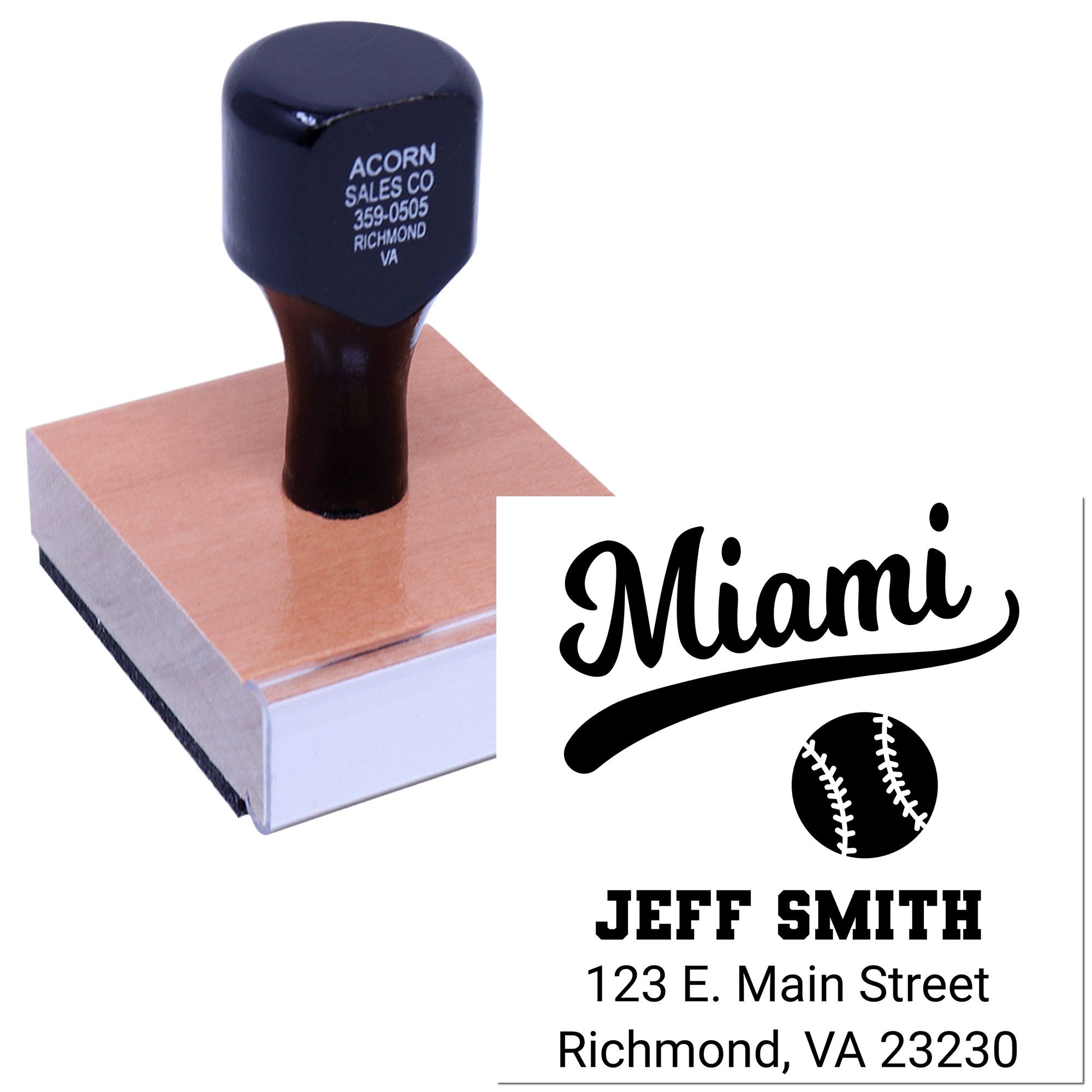 Personalized Miami baseball address rubber stamp with custom name and return address for mailing.