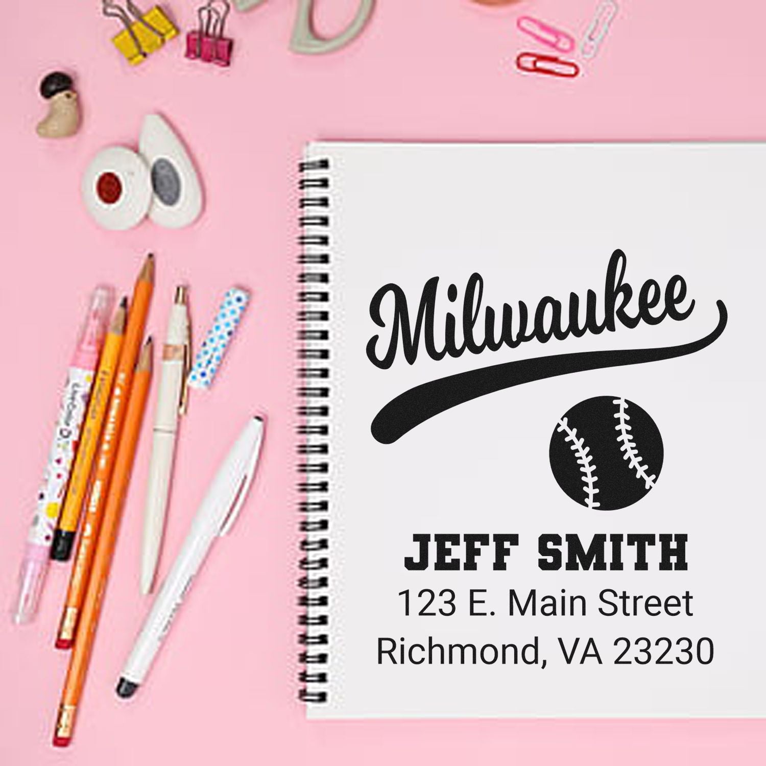 Custom Milwaukee baseball return address rubber stamp with Jeff Smith and Richmond, VA on a notebook.