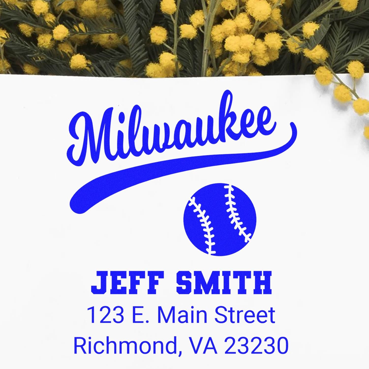Personalized Milwaukee baseball address rubber stamp for Jeff Smith, Richmond, VA 23230.
