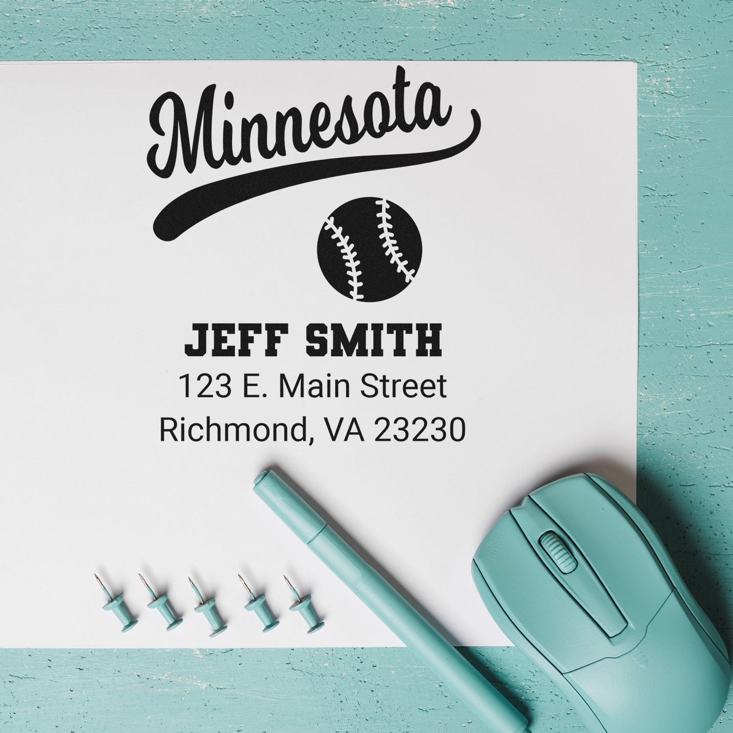 Custom Minnesota baseball address stamp with Jeff Smith return address for personalized mail and sports-themed stationery.