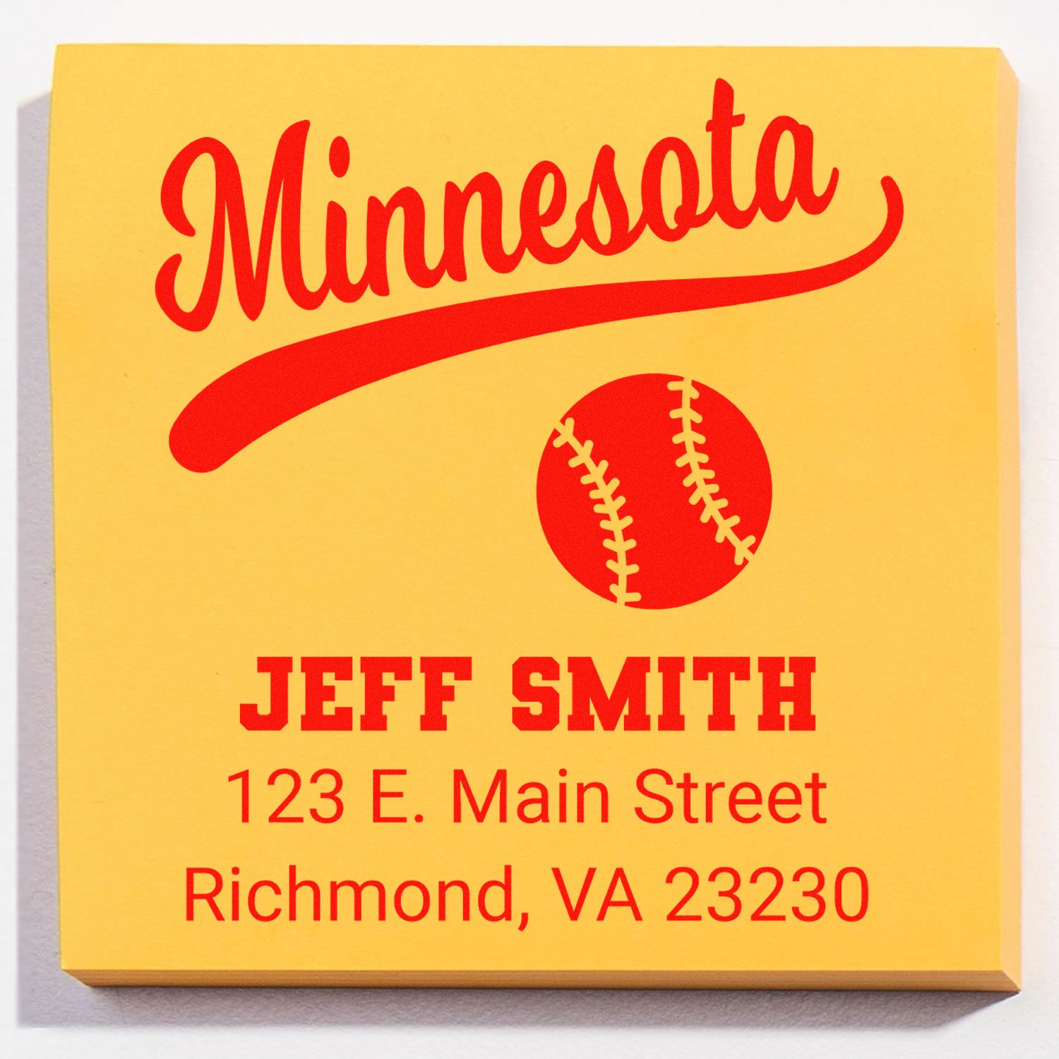 Custom Minnesota baseball address rubber stamp with Jeff Smith name and Richmond, VA return address.