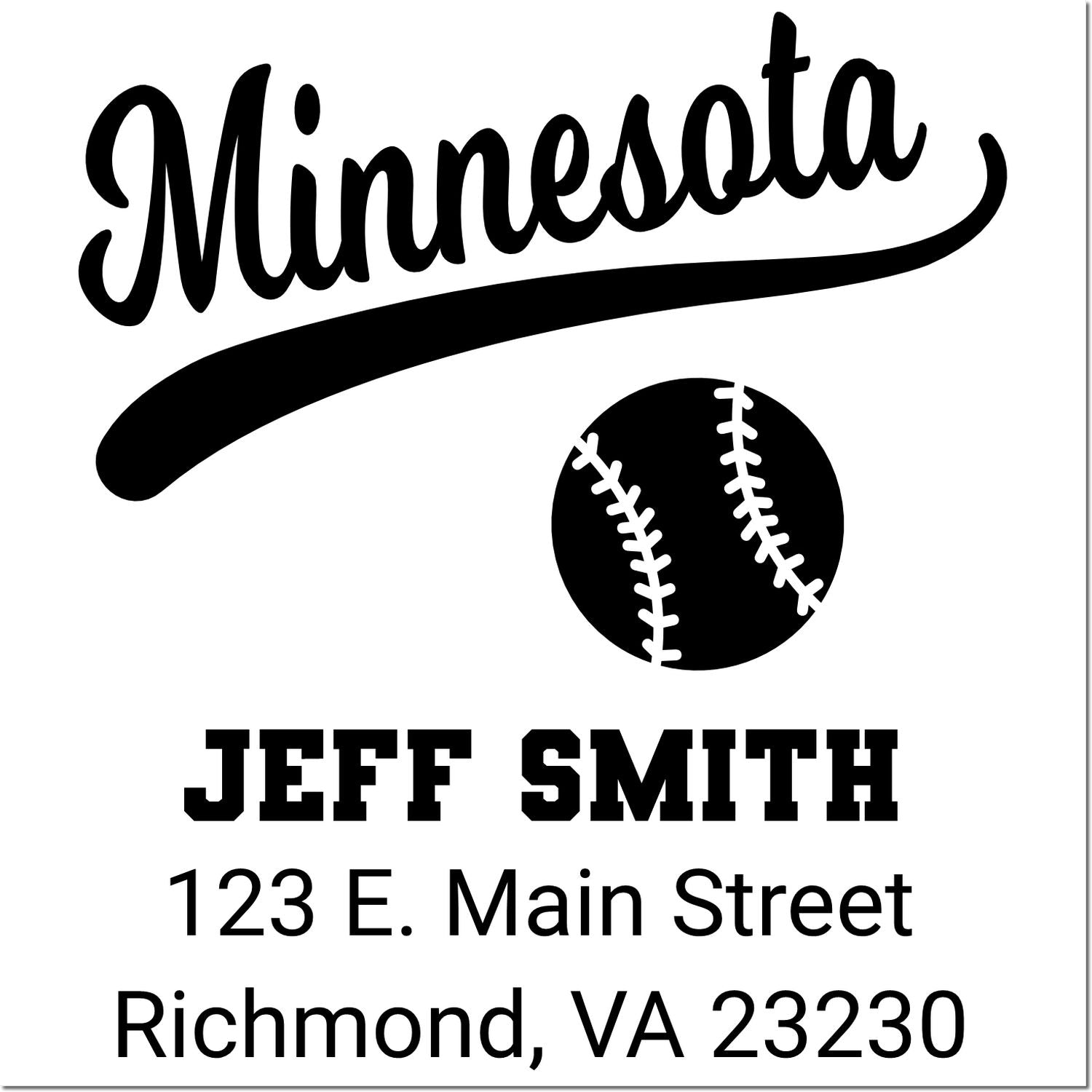 Custom Minnesota baseball return address rubber stamp for Jeff Smith, with name, street address, and baseball graphic.