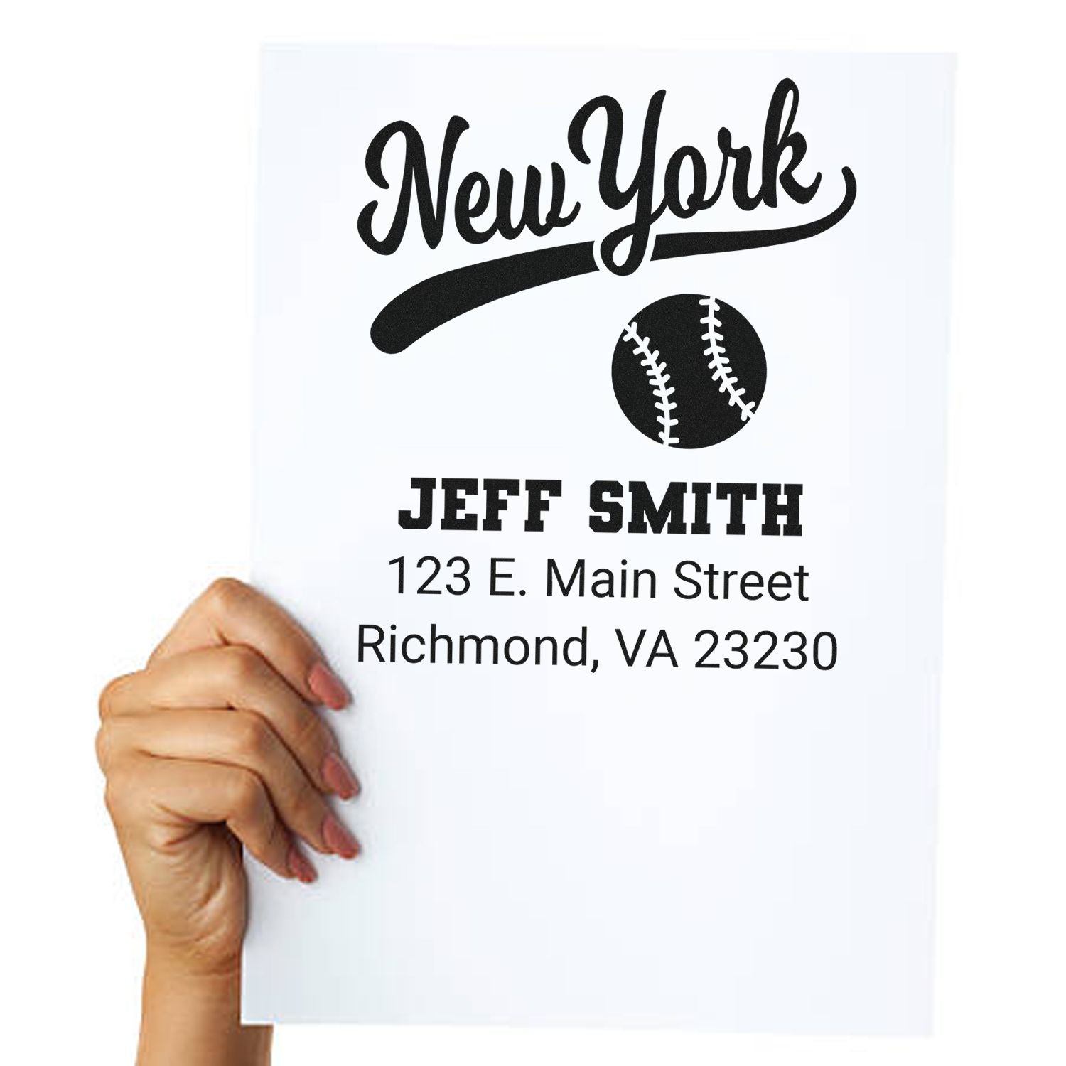 Custom baseball return address rubber stamp with New York design, Jeff Smith name, and Richmond VA address for personalized mailings