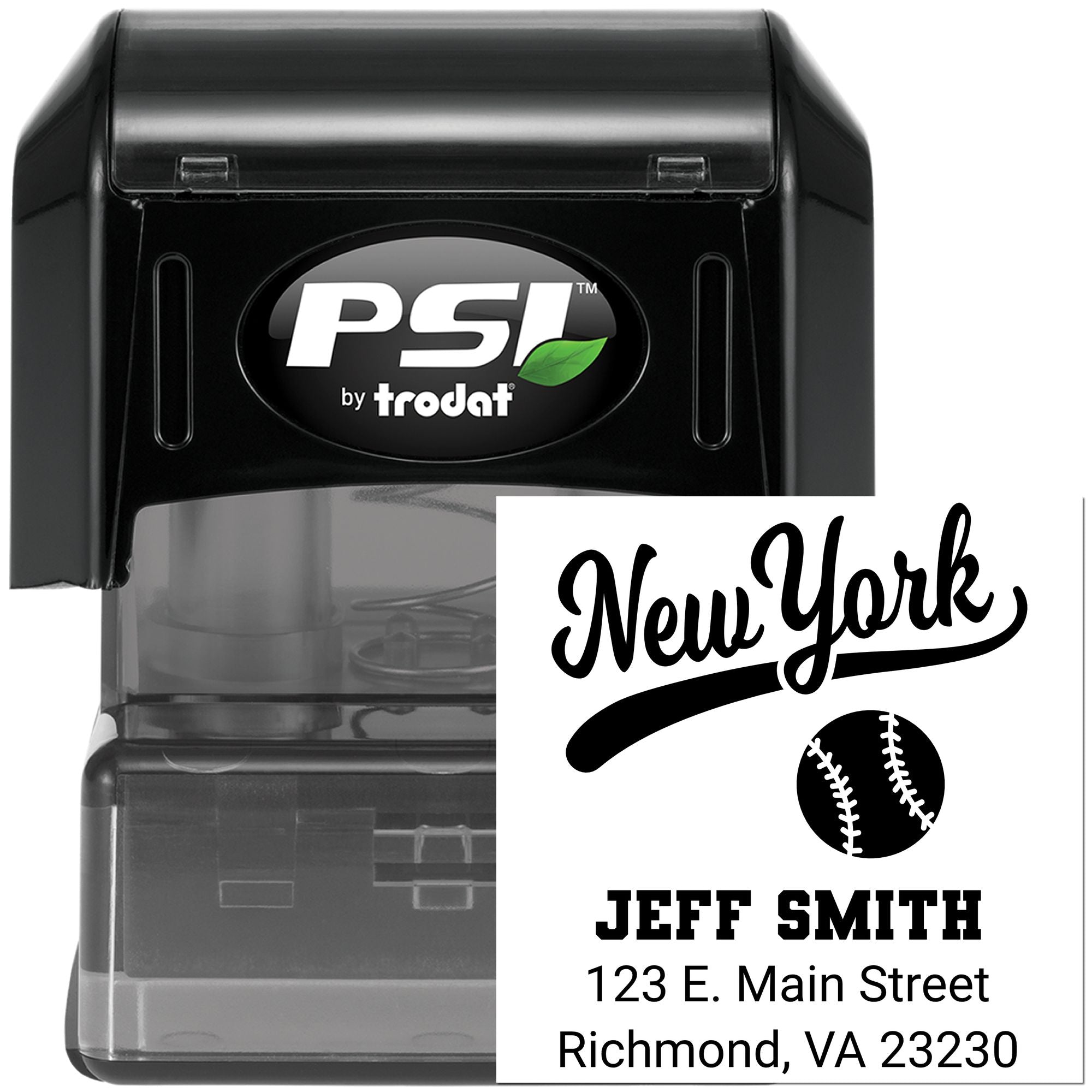 PSI by Trodat self-inking rubber stamp with custom New York baseball address imprint for personalized business stamping.