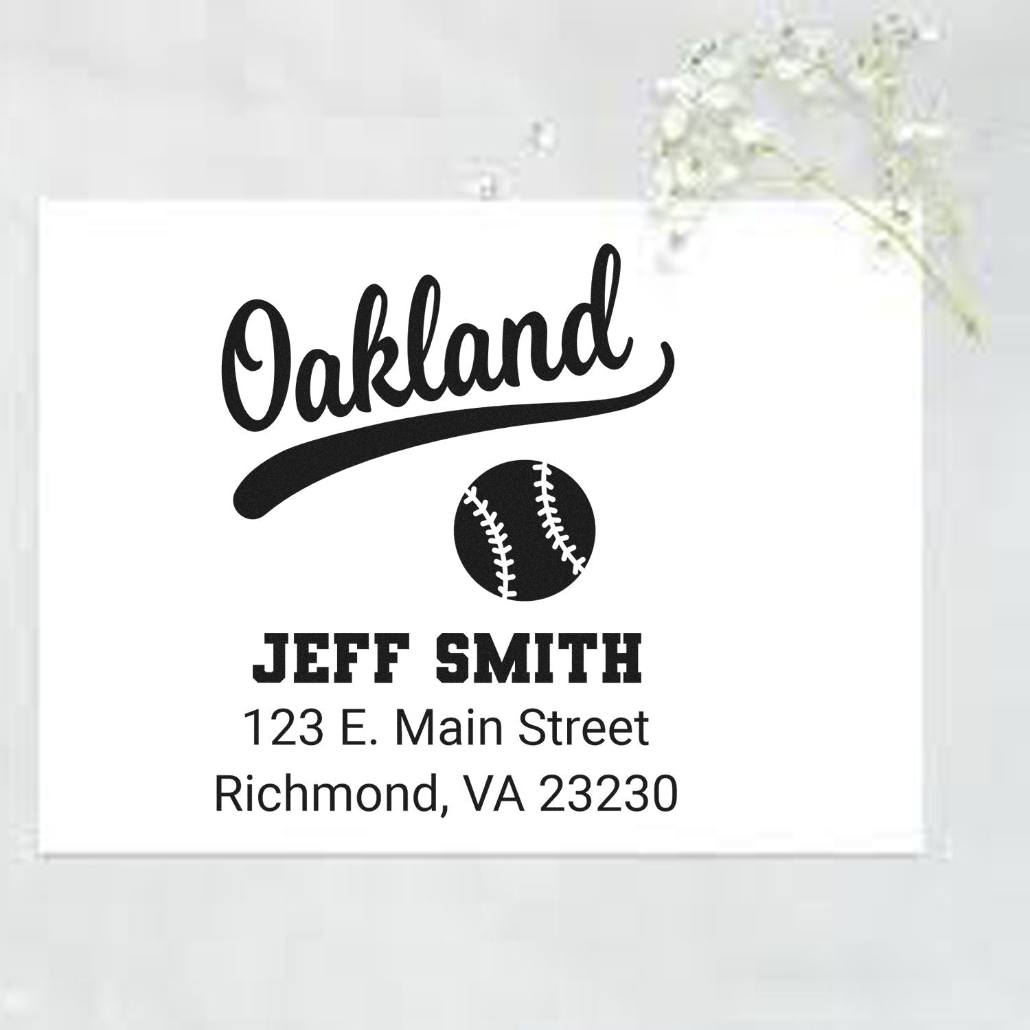Custom Oakland baseball return address rubber stamp with Jeff Smith name, street address, and Richmond, VA 23230.