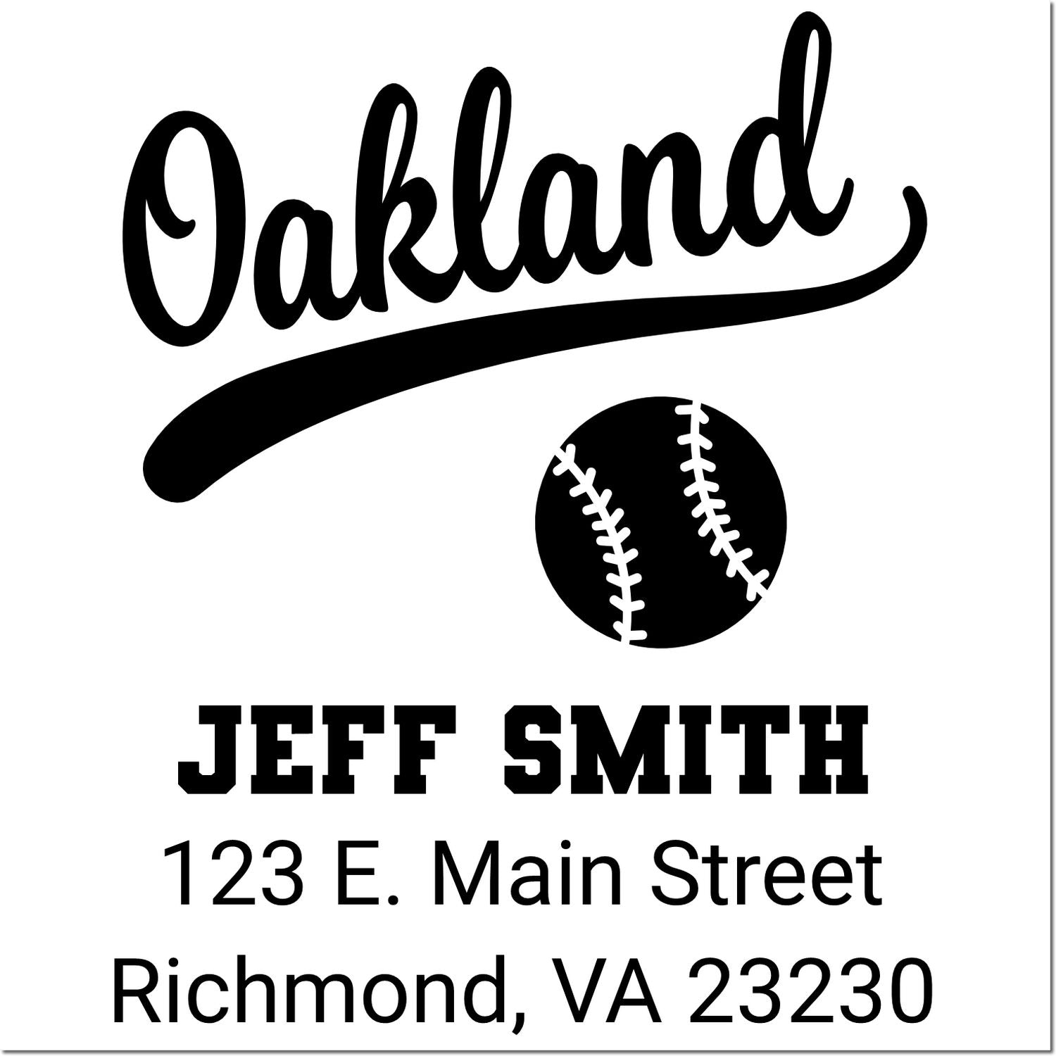 Custom Oakland baseball address rubber stamp for Jeff Smith, 123 E. Main Street, Richmond, VA 23230.