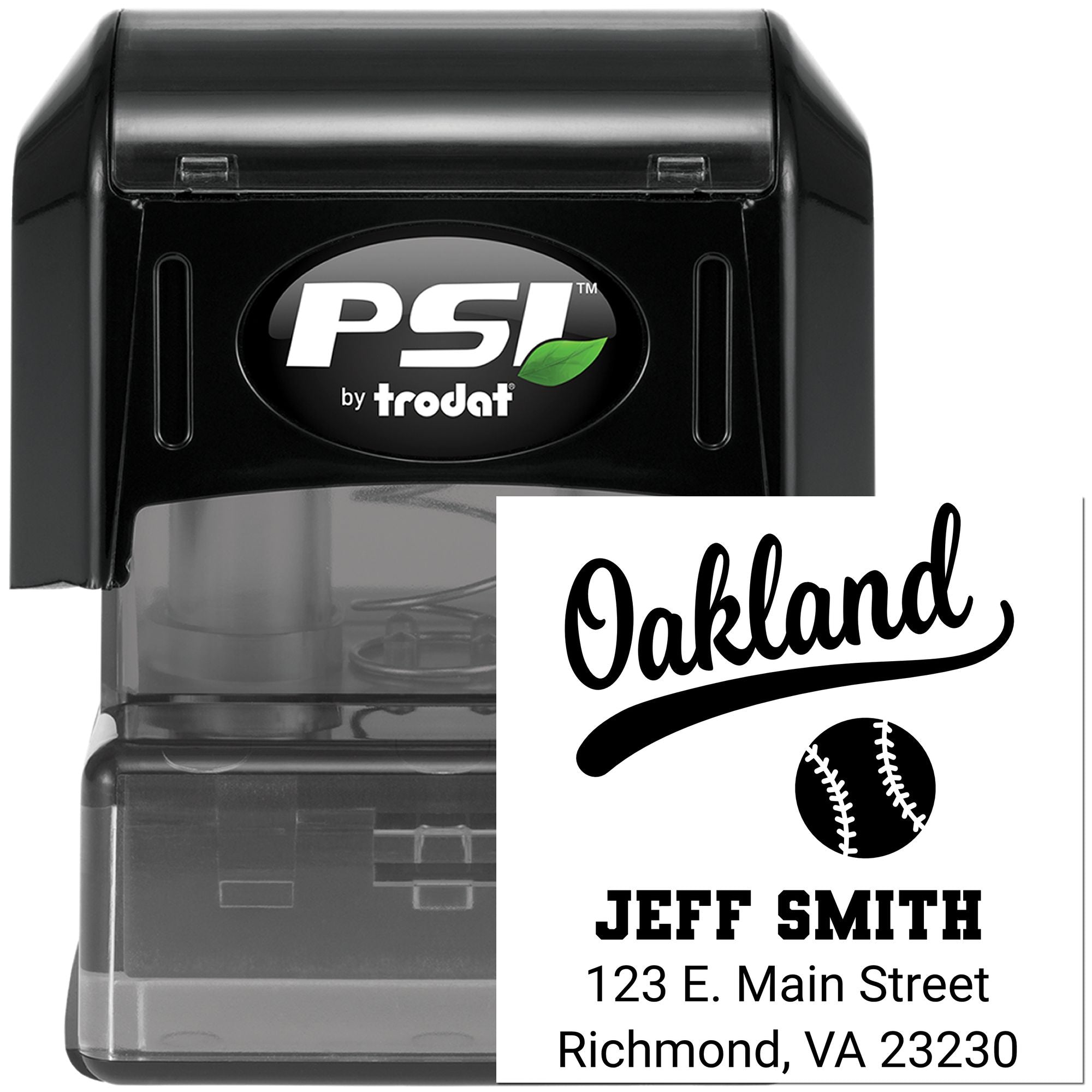 Custom self-inking rubber stamp with Oakland baseball design, Jeff Smith name, and Richmond VA address by PSI Trodat.