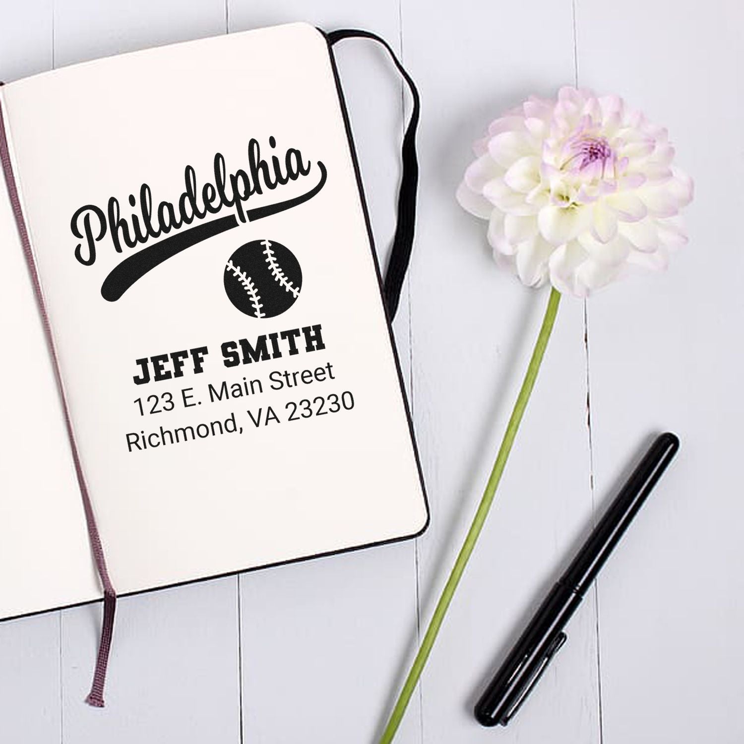 Custom Philadelphia baseball return address rubber stamp with name, address, and logo for personalized stationery.