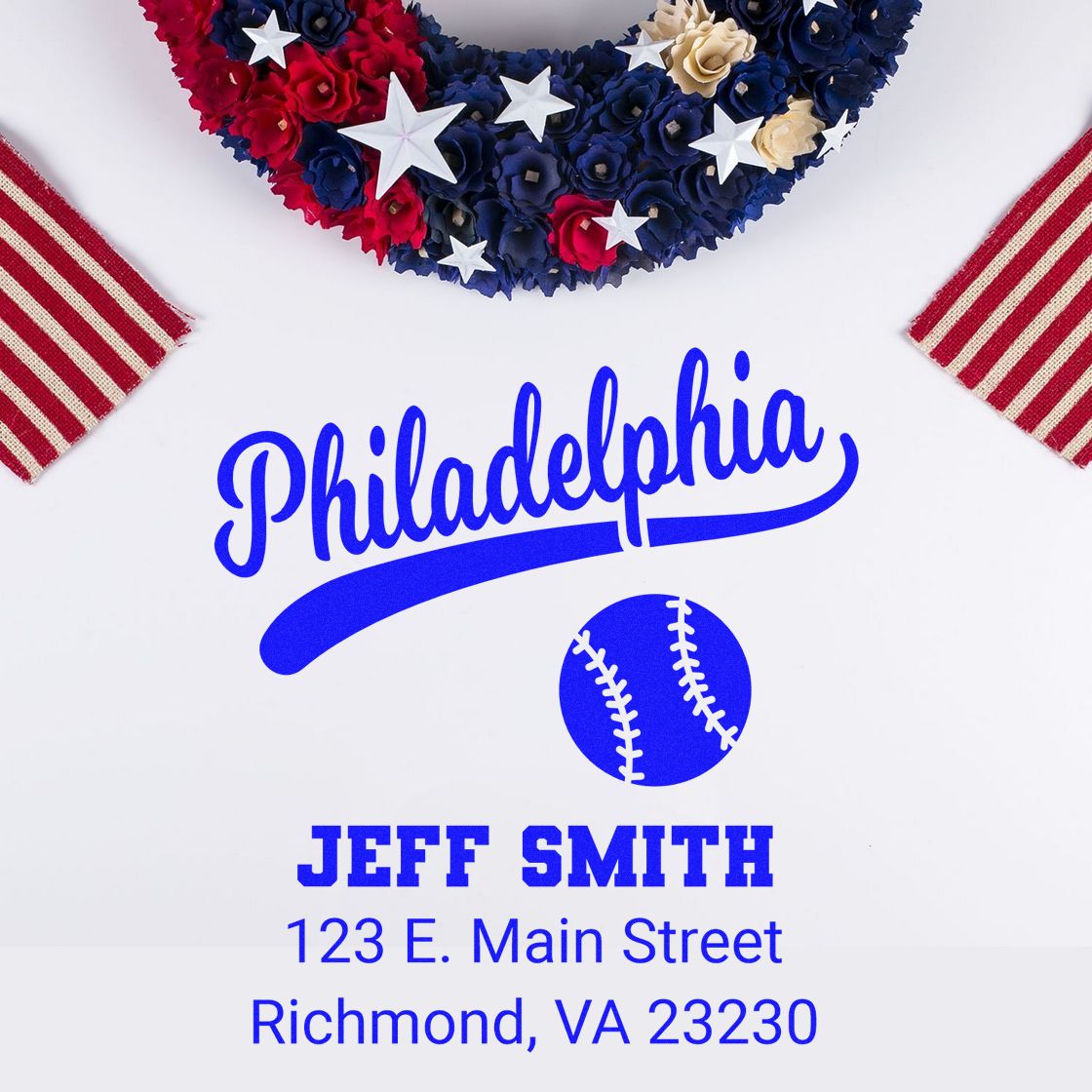 Custom Philadelphia baseball rubber stamp with Jeff Smith name, patriotic red, white and blue design for mailing or branding