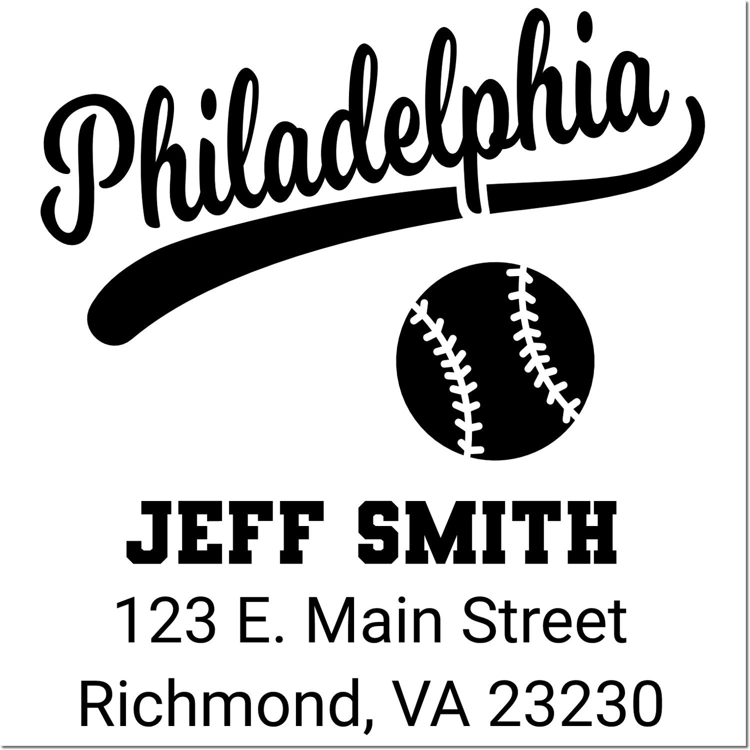 Custom Philadelphia baseball return address stamp for Jeff Smith, 123 E. Main Street, Richmond, VA 23230