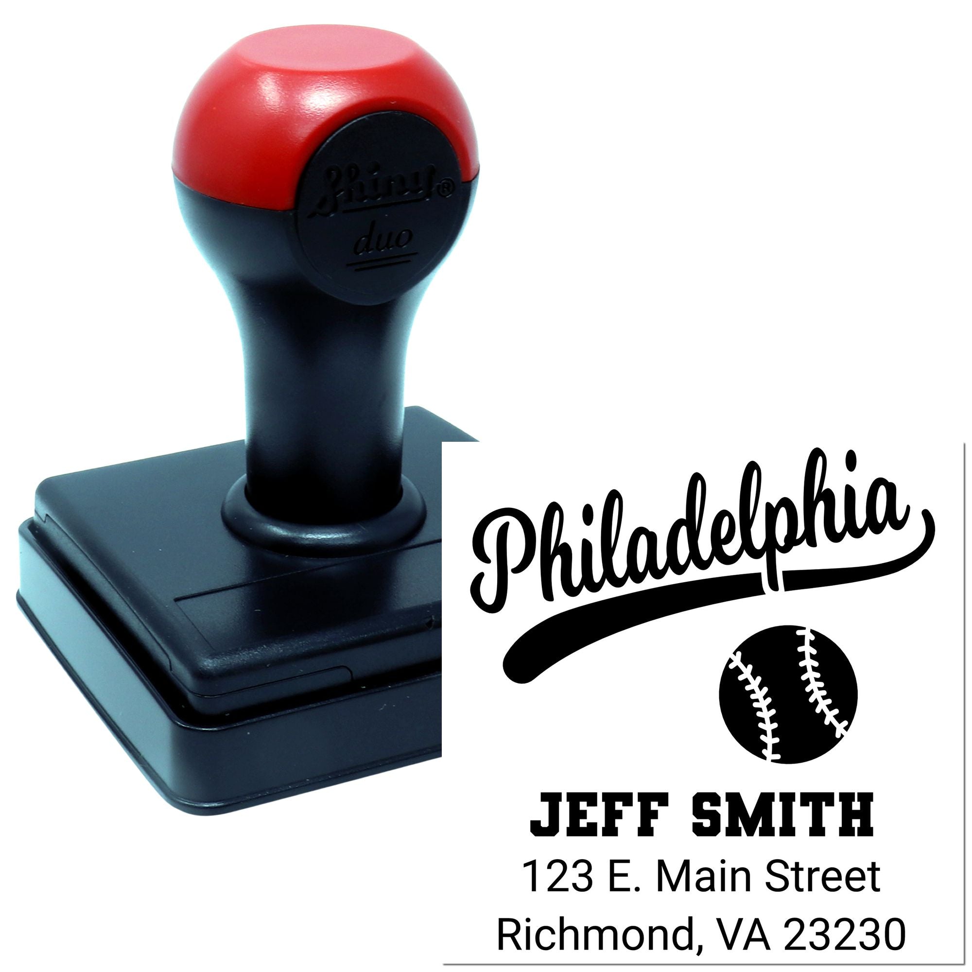 Custom self-inking rubber stamp with Philadelphia baseball return address design and Jeff Smith address imprint.