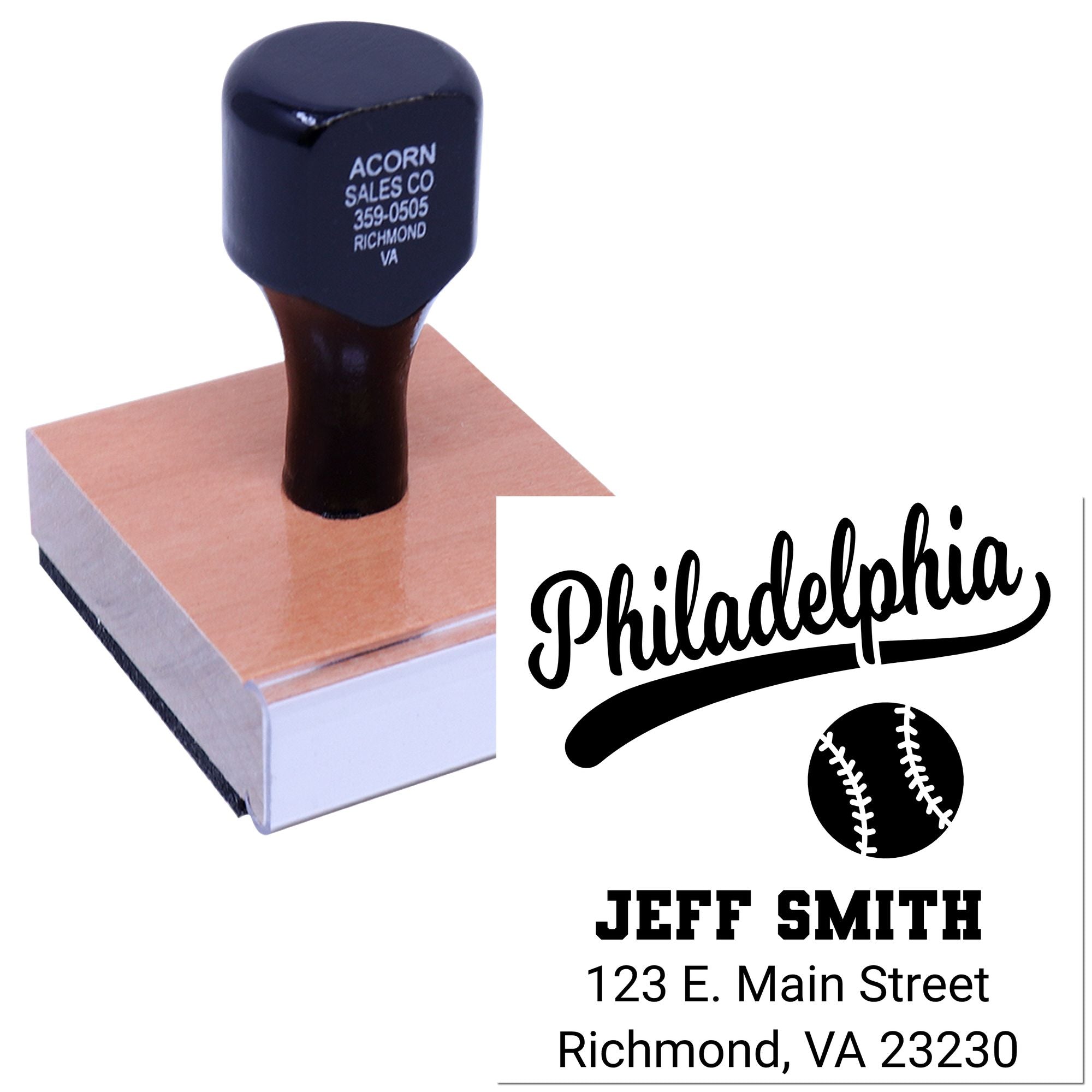 Custom Philadelphia baseball address rubber stamp featuring Jeff Smith name and Richmond, VA address.