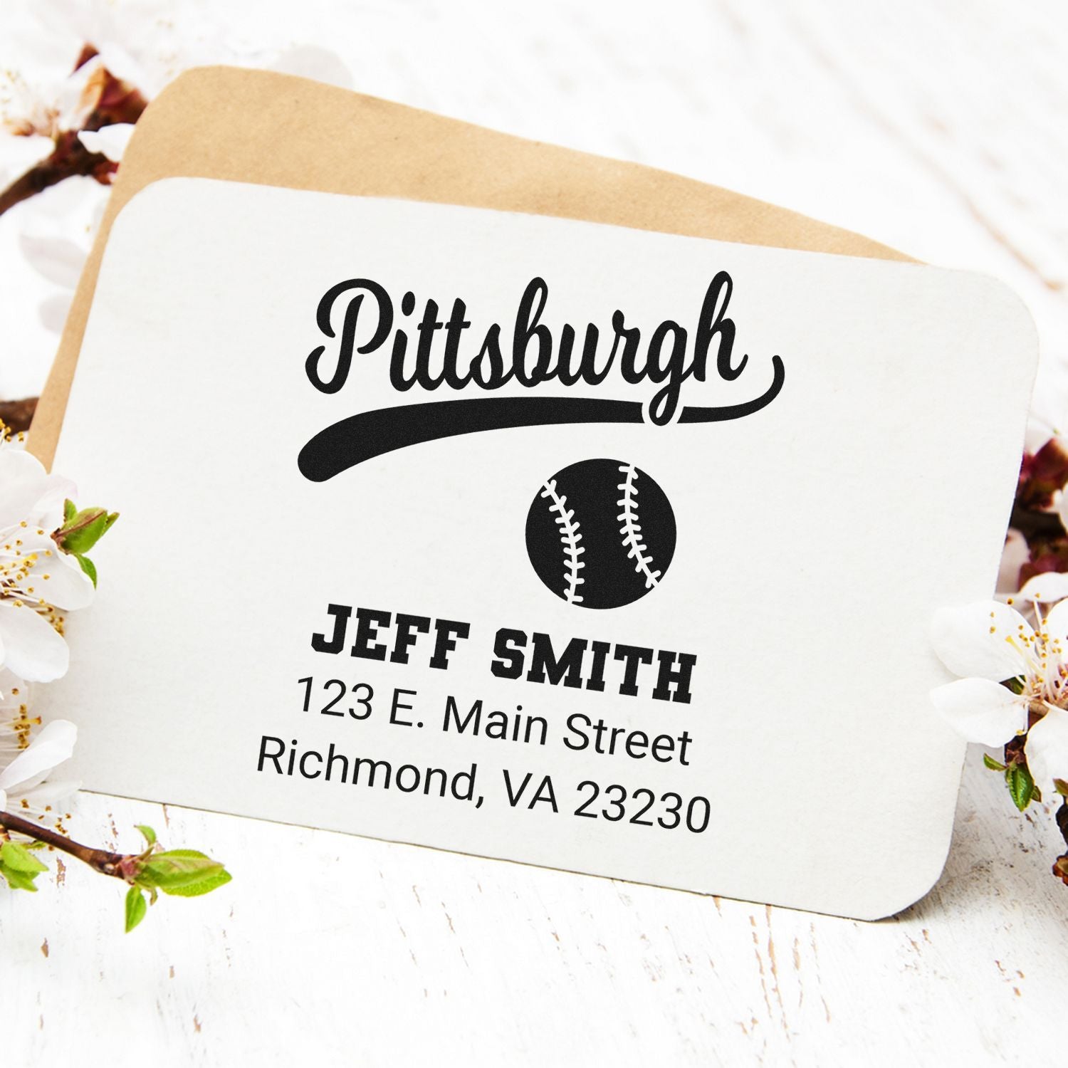 Custom Pittsburgh baseball return address rubber stamp for Jeff Smith, featuring name and mailing address.