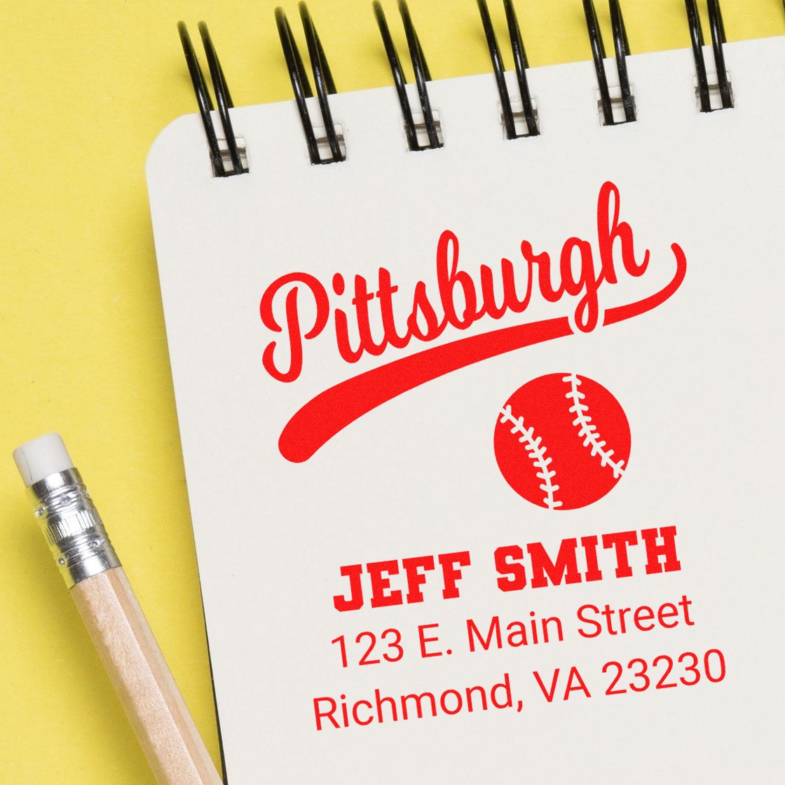 Custom Pittsburgh baseball return address rubber stamp sample with Jeff Smith, 123 E. Main Street, Richmond, VA.