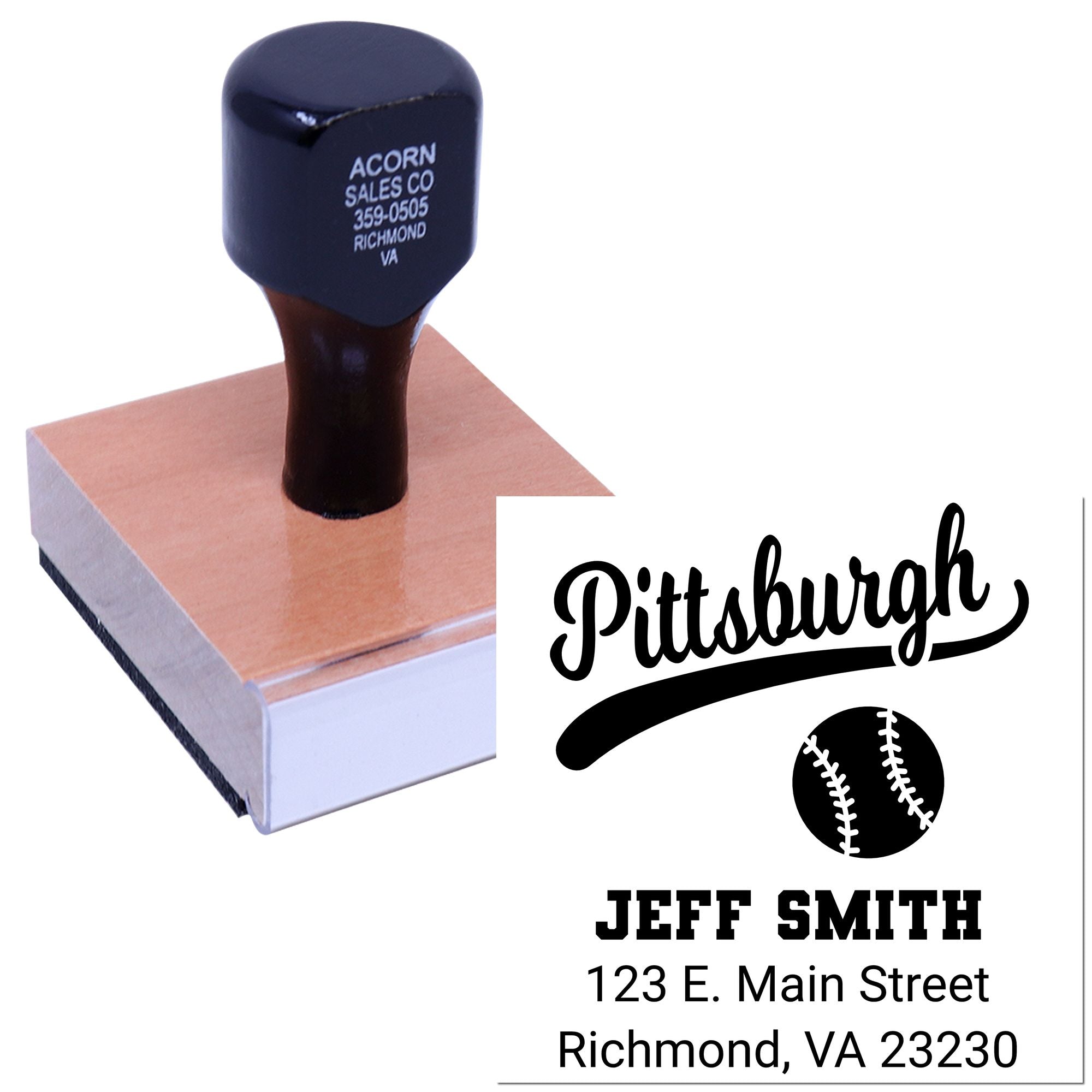 Custom Pittsburgh baseball rubber address stamp with Jeff Smith name and Richmond, VA address for personalized mailings