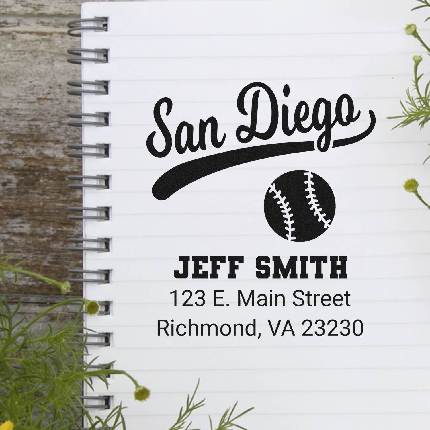 Custom baseball return address rubber stamp with San Diego design, Jeff Smith name, and mailing address.