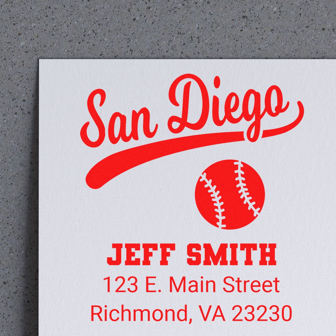 Custom baseball rubber stamp for San Diego, with Jeff Smith name and Richmond, VA return address.