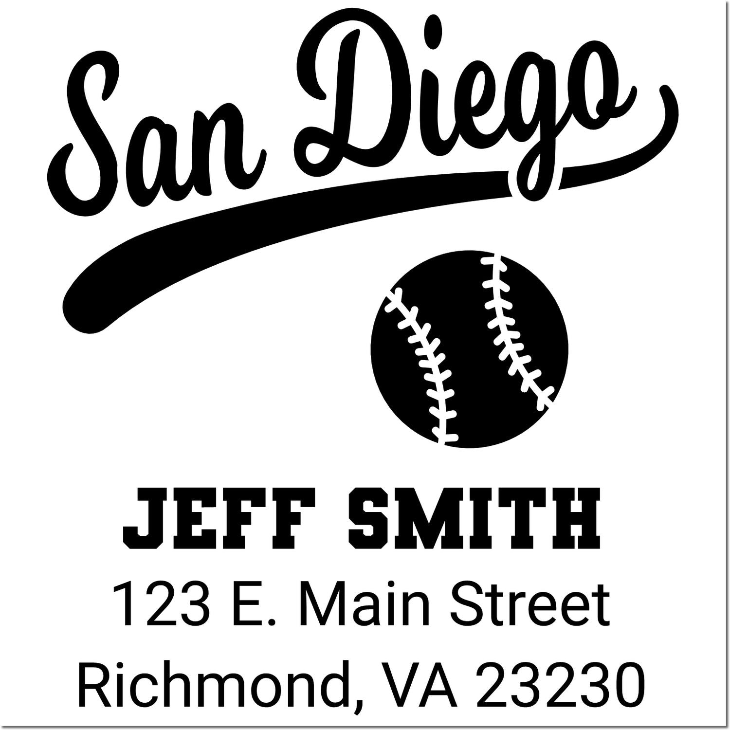 Custom San Diego baseball return address rubber stamp for Jeff Smith, 123 E. Main Street, Richmond, VA 23230