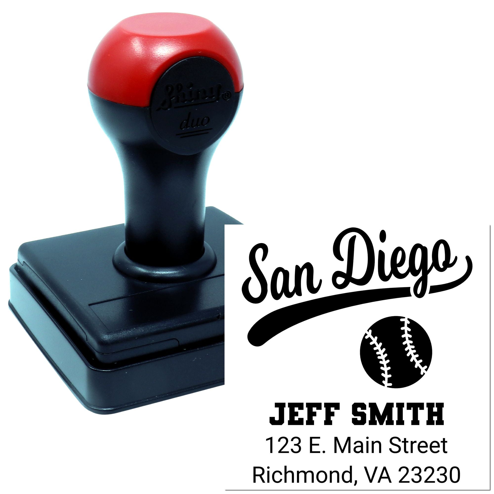 Personalized baseball self-inking rubber stamp with San Diego design, Jeff Smith name, and address for mailing.