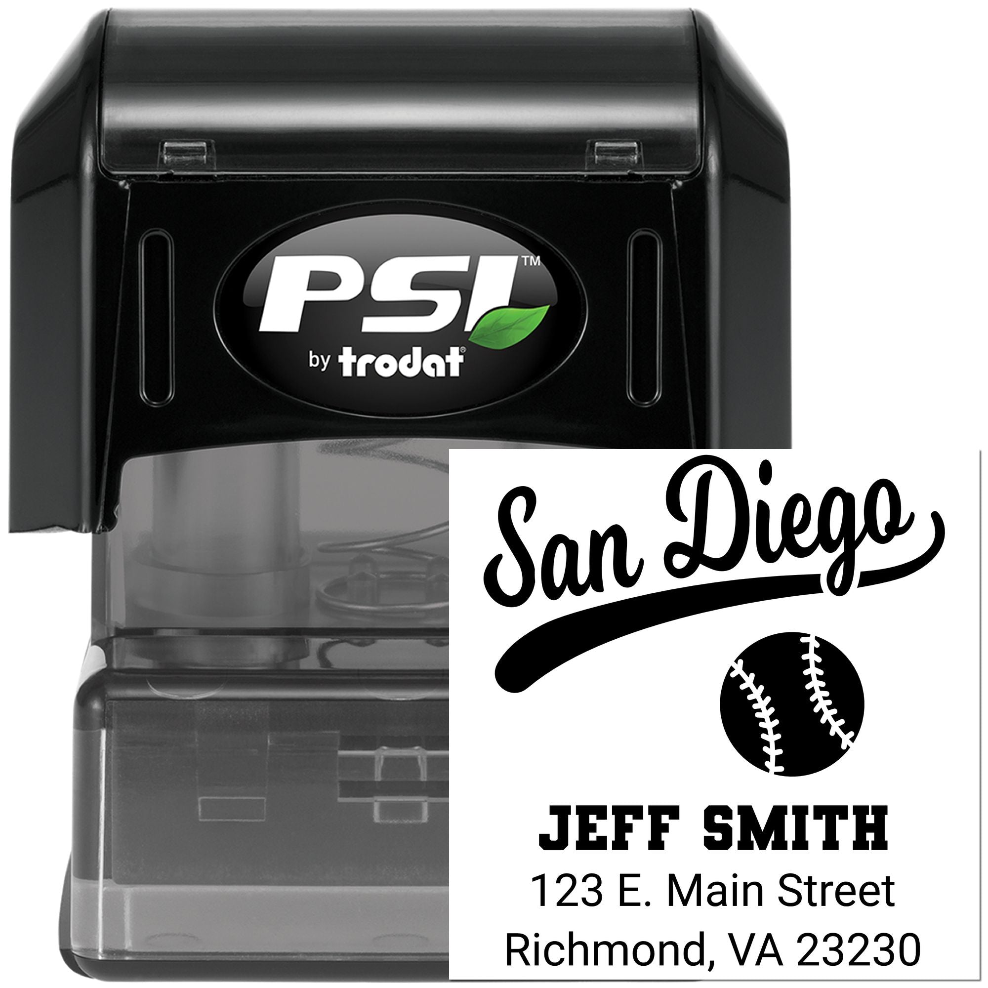 Custom baseball address self-inking rubber stamp by PSI Trodat, ideal for personalized return address imprint.