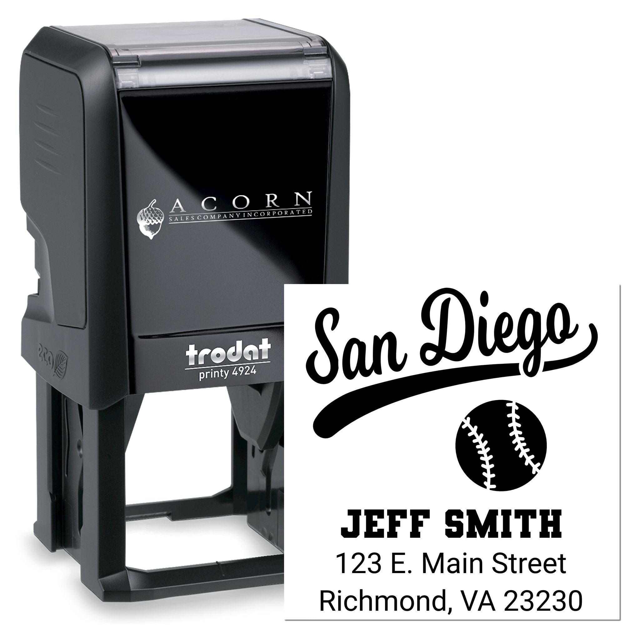 Custom Trodat self-inking rubber stamp with San Diego script, baseball icon, name, and address for mailing.