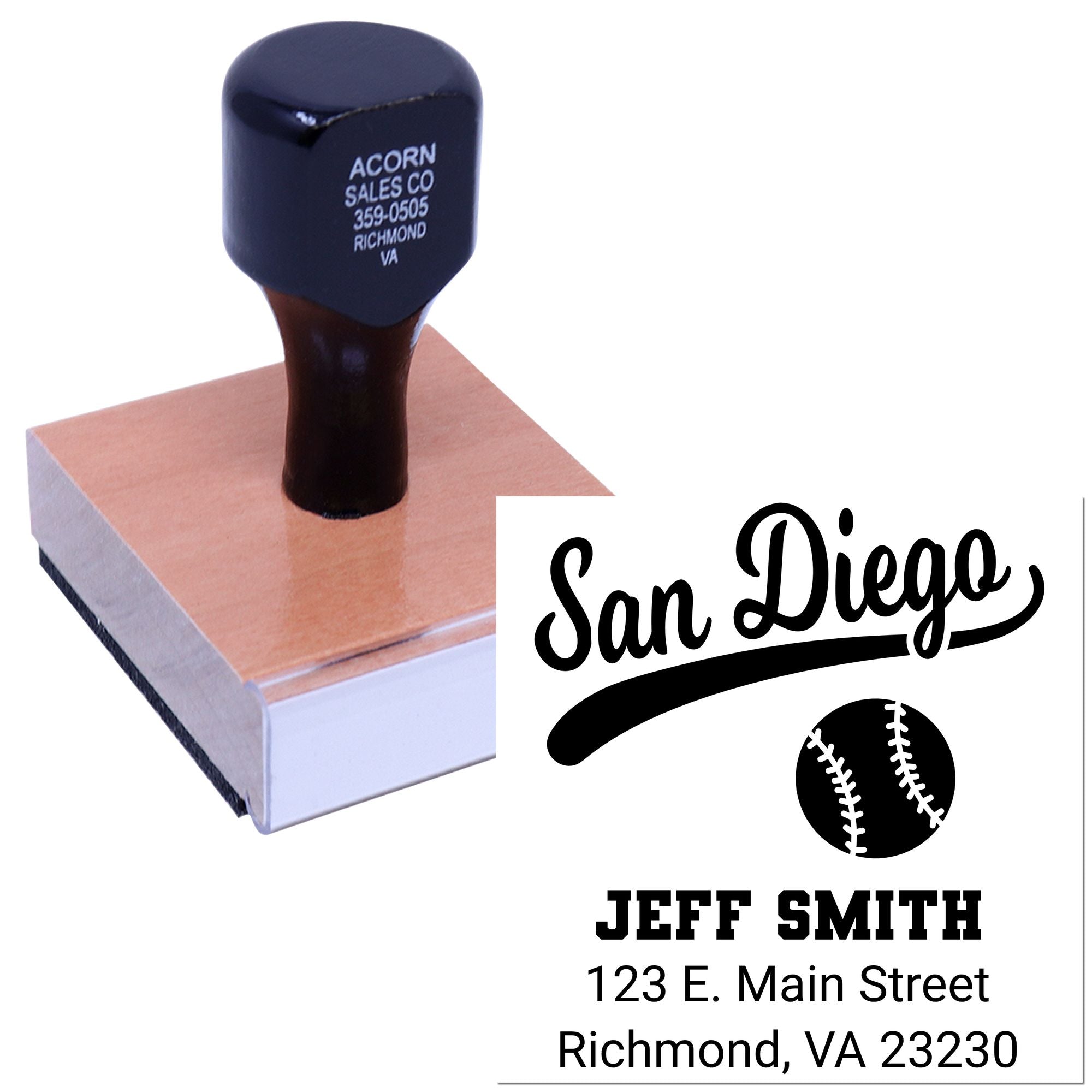 Personalized baseball rubber stamp with San Diego address design for custom return addresses and sports memorabilia.