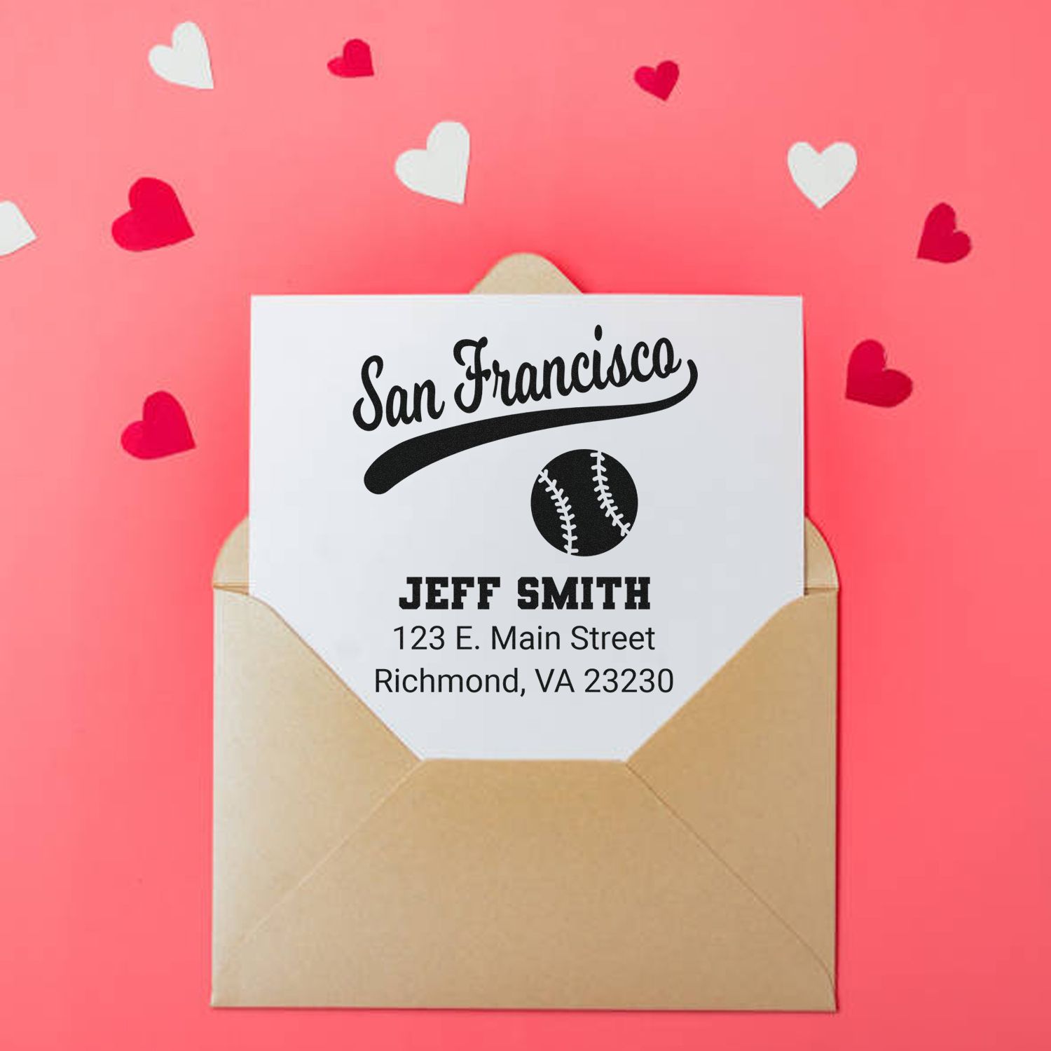 Personalized baseball return address rubber stamp for Jeff Smith, shown on an envelope with a San Francisco design.