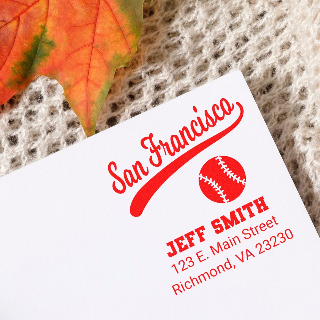 Custom rubber stamp imprint for Jeff Smith, featuring a San Francisco baseball address stamp design.