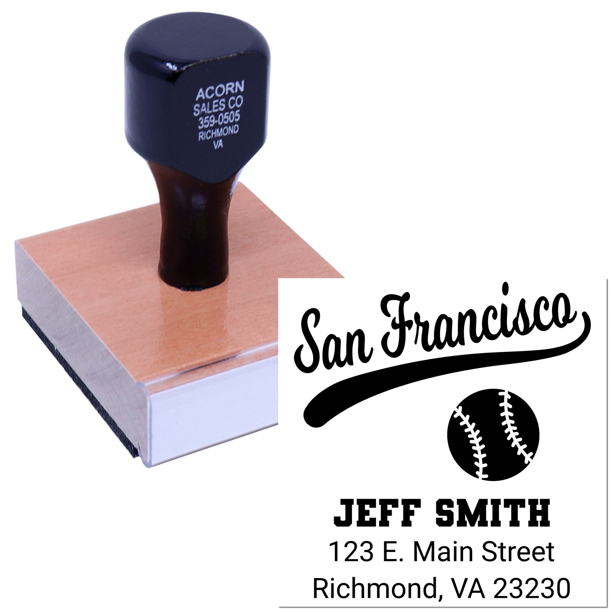 Custom baseball rubber stamp with San Francisco design, Jeff Smith name, and Richmond VA return address.