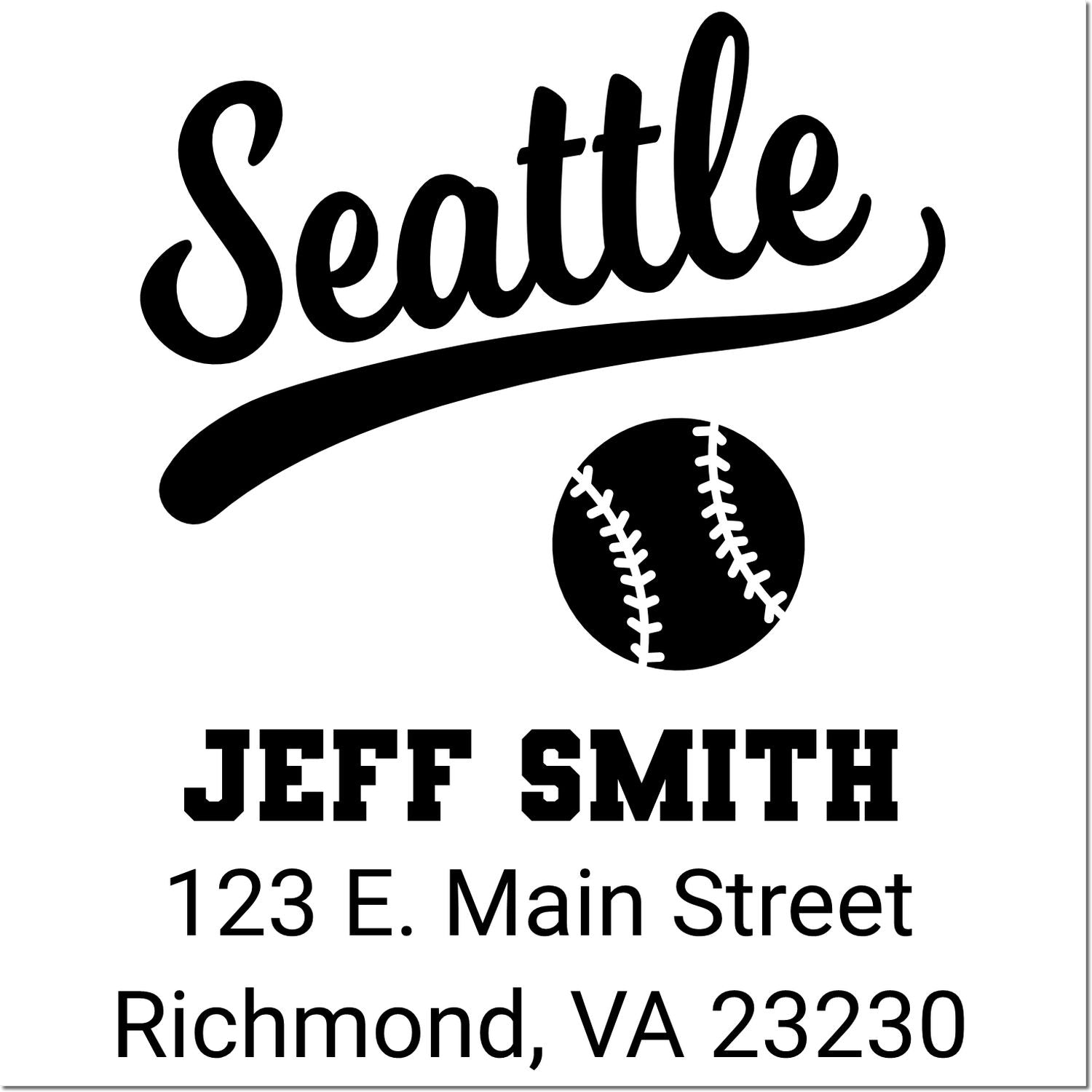 Custom personalized baseball address rubber stamp for Jeff Smith, Seattle design, Richmond, VA 23230