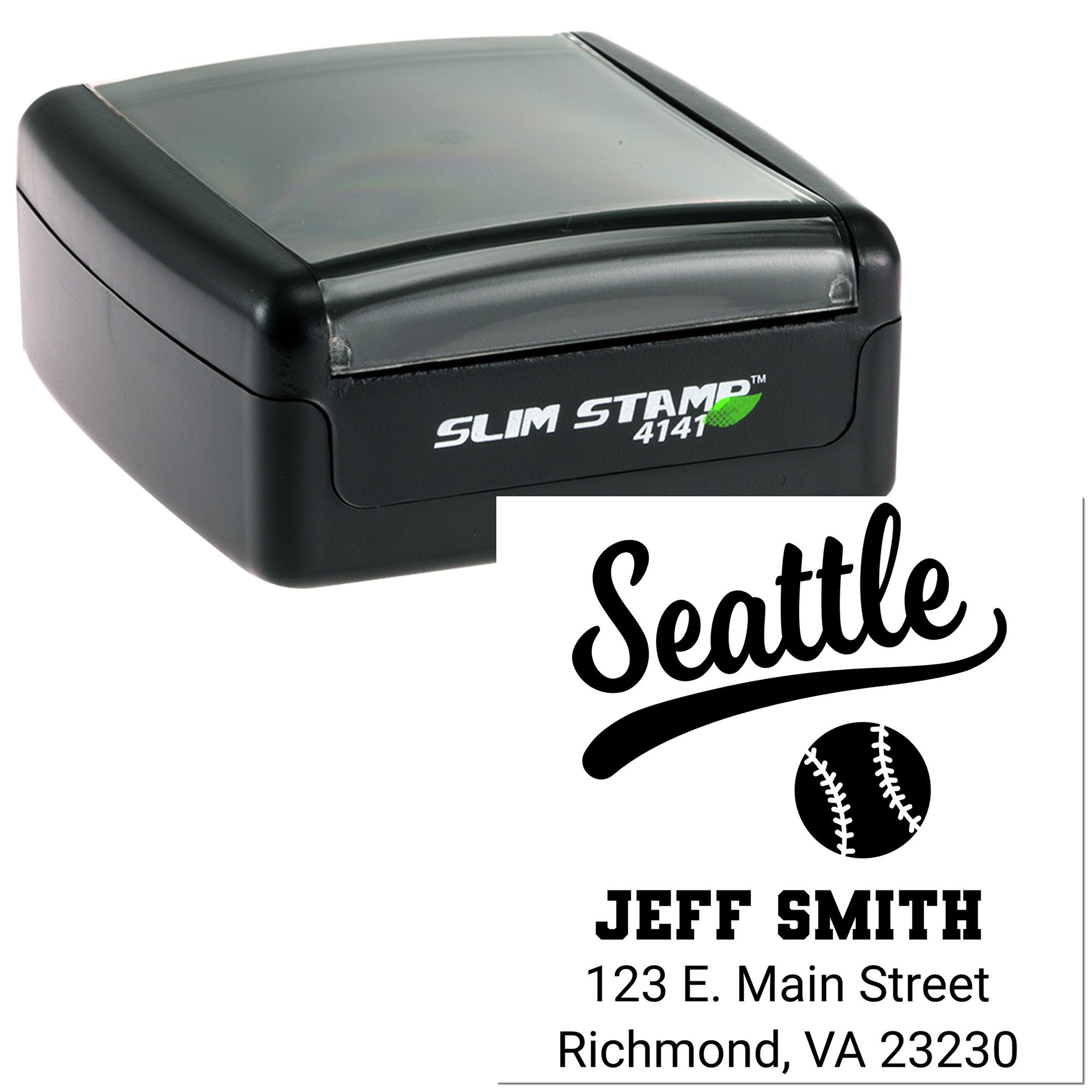 Custom baseball return address rubber stamp with Seattle name and address, shown on a Slim Stamp self-inking stamp.