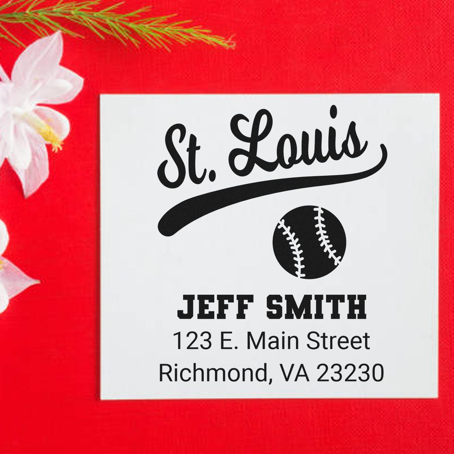 Custom St. Louis baseball return address rubber stamp with Jeff Smith name and Richmond, VA 23230 address.