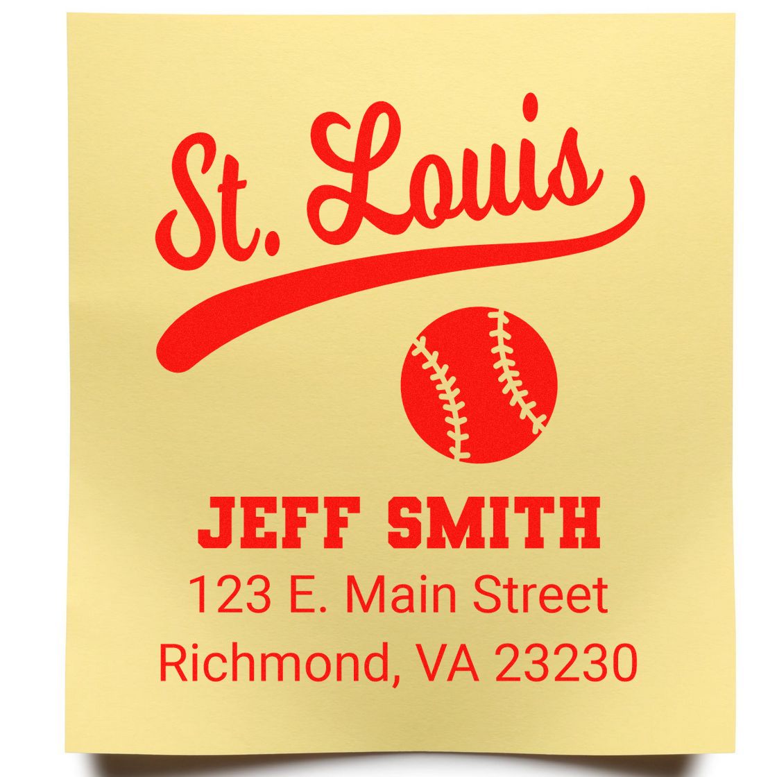 Custom St. Louis baseball address stamp with Jeff Smith name and Richmond, VA return address.