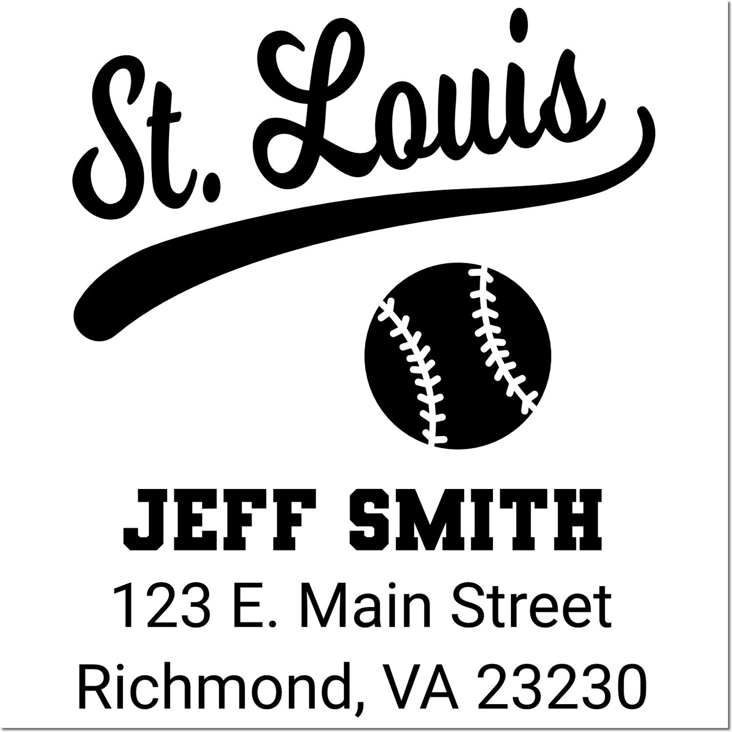 Personalized St. Louis baseball return address rubber stamp for Jeff Smith, 123 E. Main Street, Richmond, VA 23230