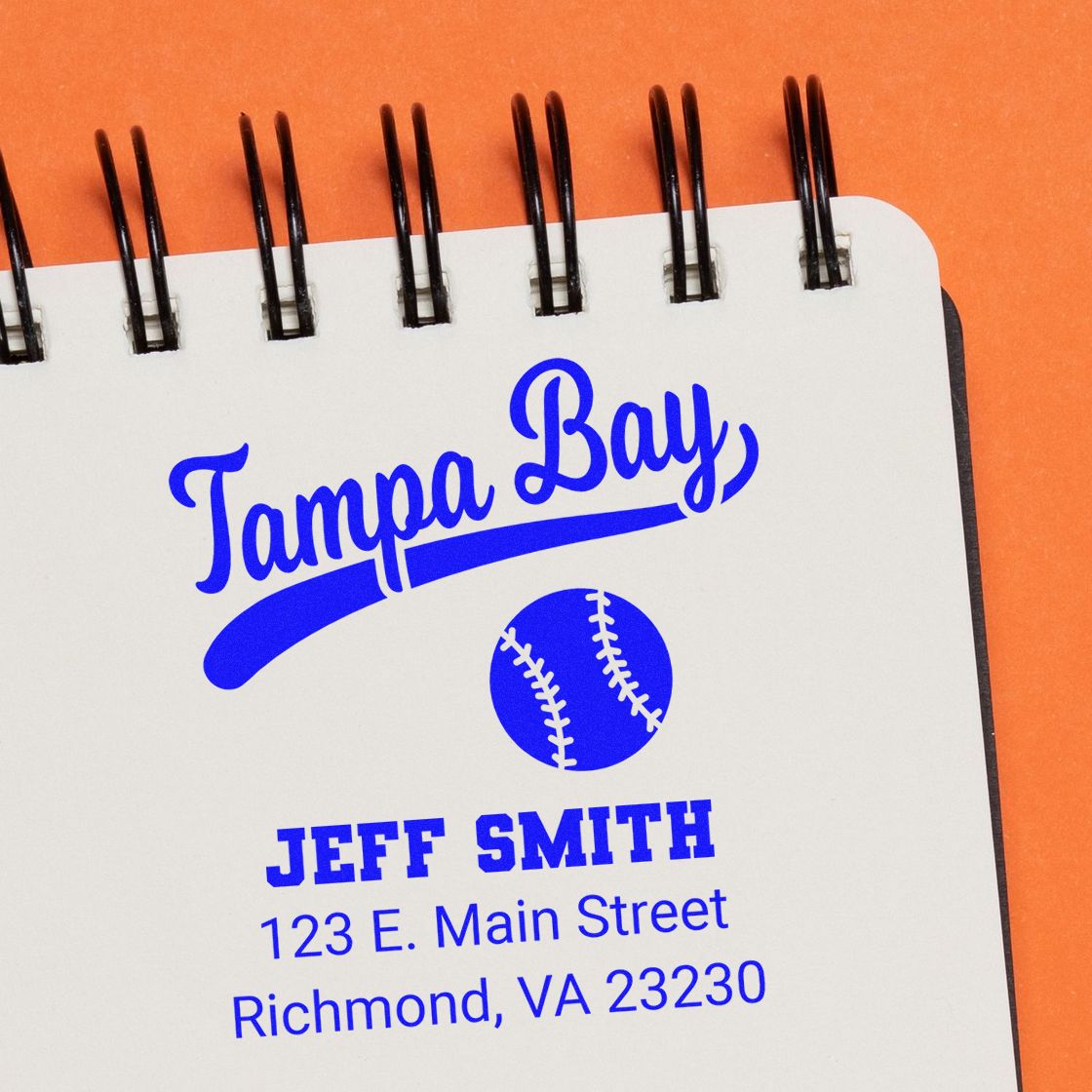 Blue custom baseball return address rubber stamp impression with Tampa Bay, Jeff Smith, and Richmond, VA address.