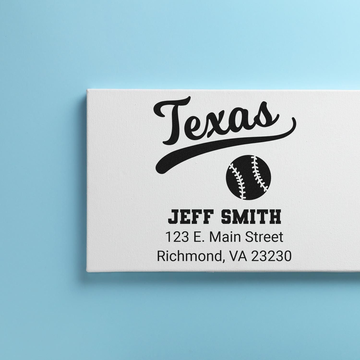 Custom Texas baseball address rubber stamp for Jeff Smith, featuring name and Richmond, VA 23230 return address.