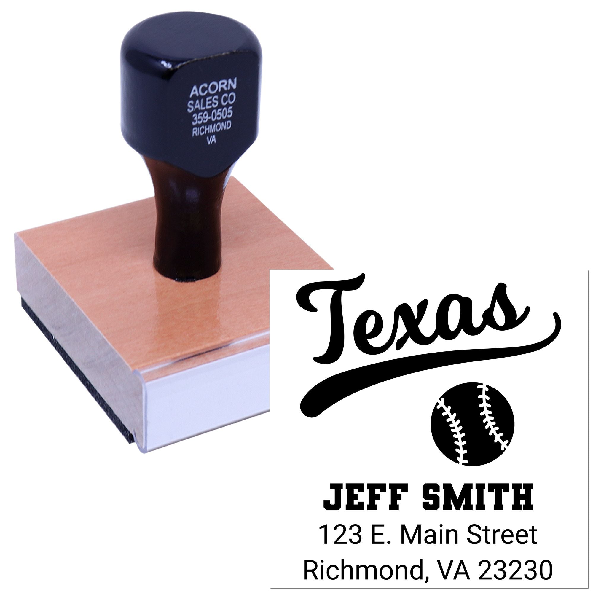 Custom Texas baseball address rubber stamp with Jeff Smith name and Richmond, VA mailing details.