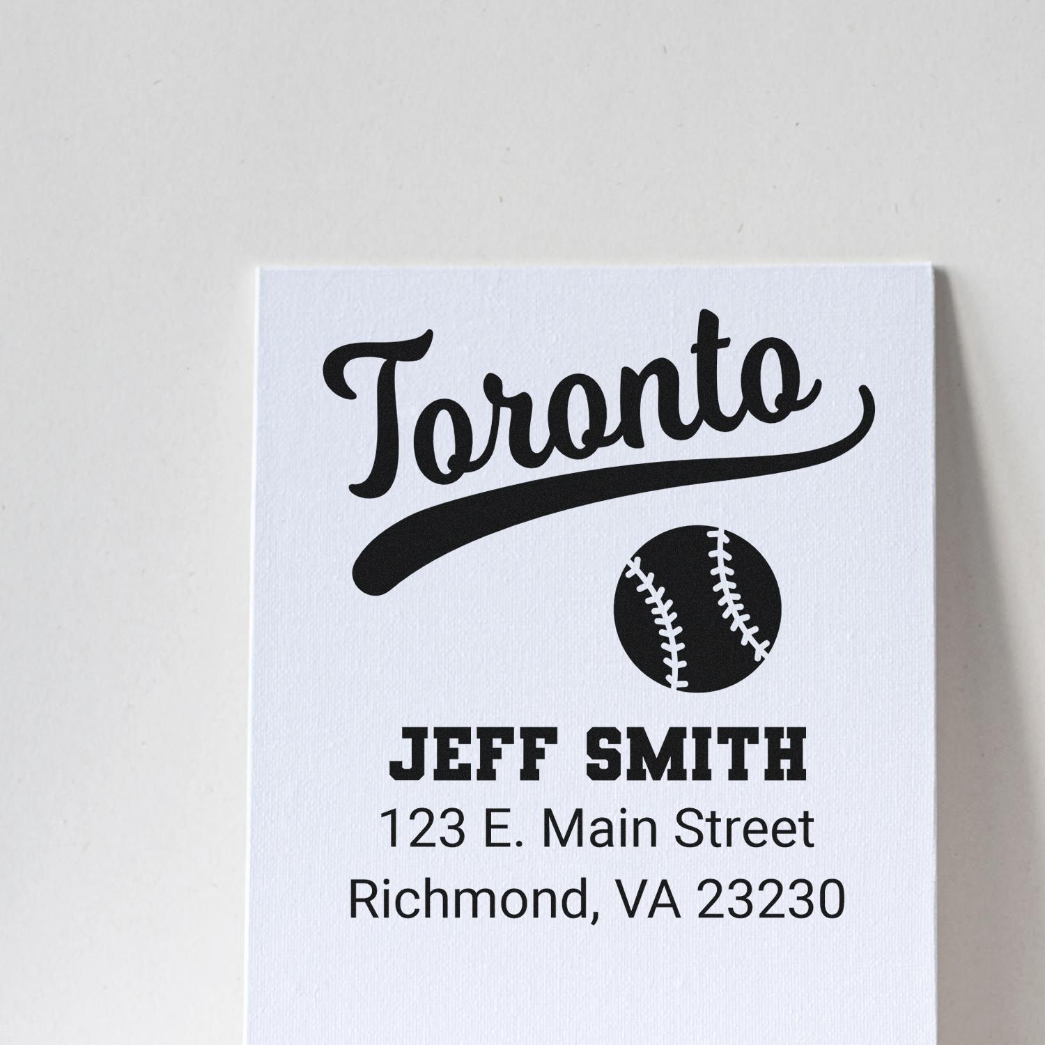 Custom baseball return address rubber stamp design with Toronto logo, Jeff Smith, and Richmond, VA 23230.