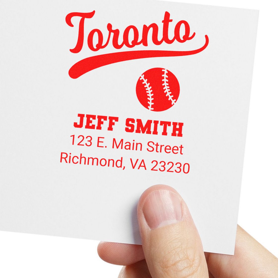 Custom baseball return address rubber stamp with Toronto design, Jeff Smith name, and Richmond, VA address.