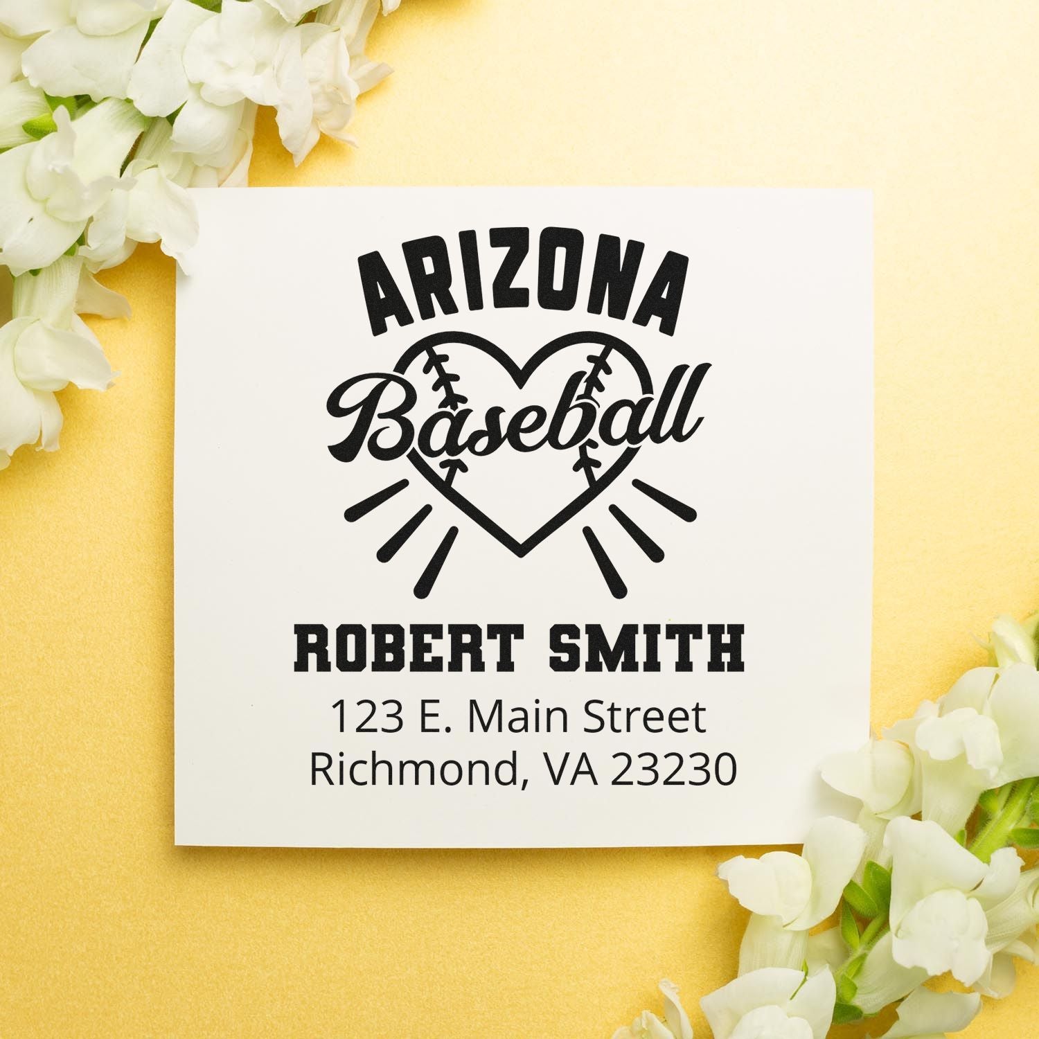 Personalized Arizona Baseball return address rubber stamp with heart logo, Robert Smith, and mailing address.