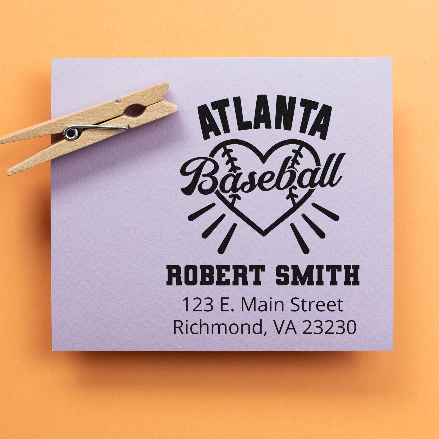 Custom Atlanta Baseball rubber stamp with name and address for personalized stationery, mailing, or baseball fan gifts.