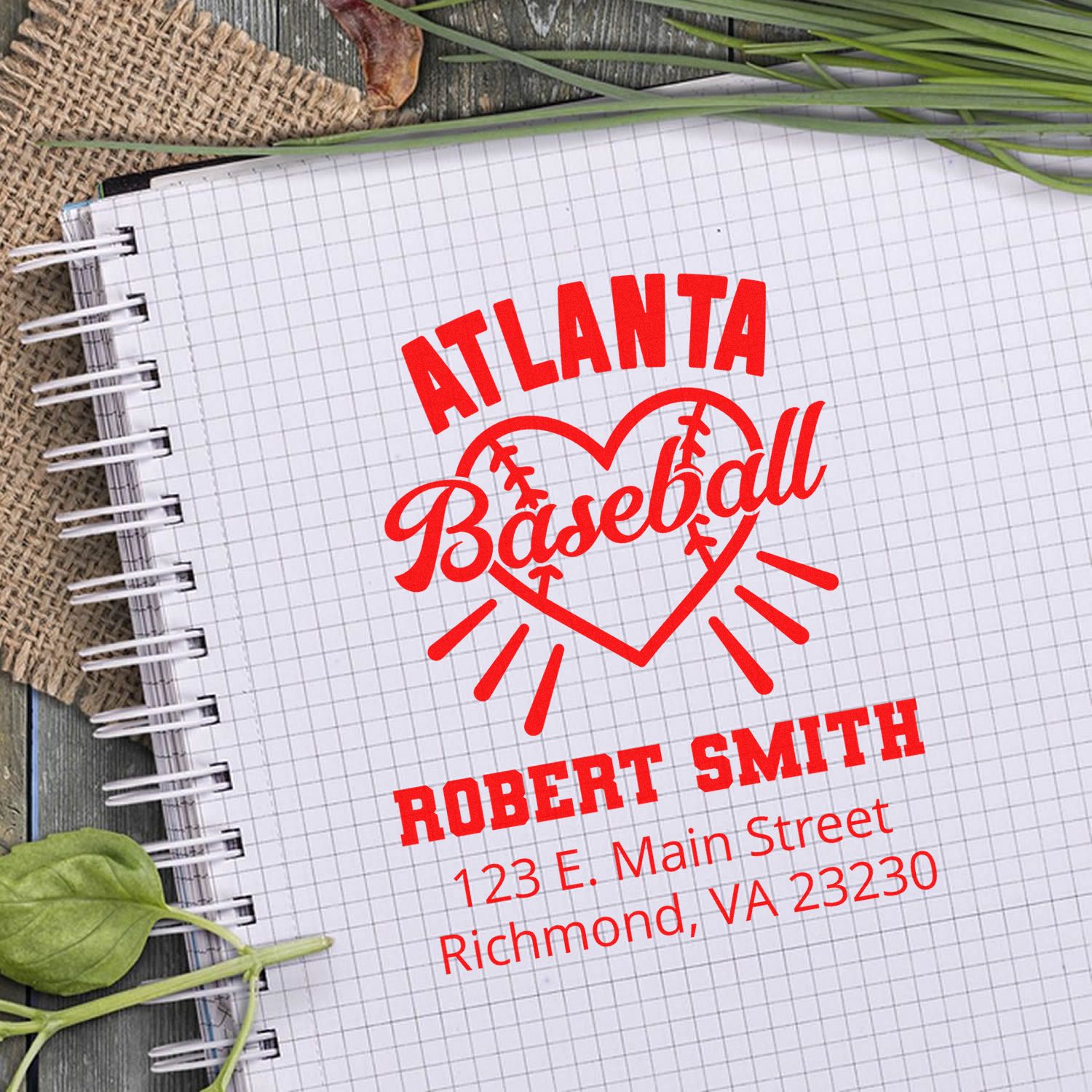 Custom Atlanta baseball rubber stamp with heart logo, Robert Smith name, and address for personalized stationery.