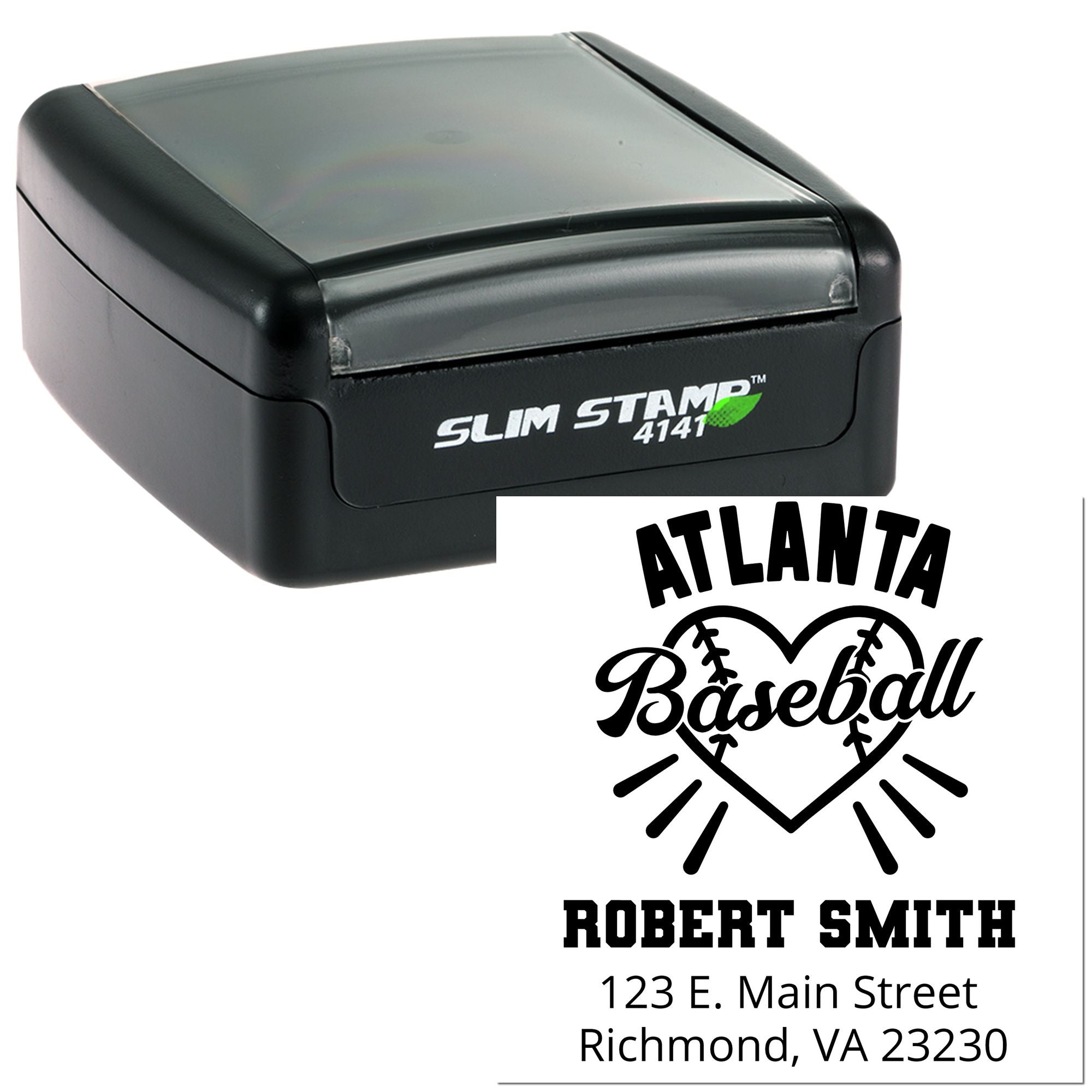 Custom Atlanta Baseball self-inking return address rubber stamp with name and address for personalized mailing.