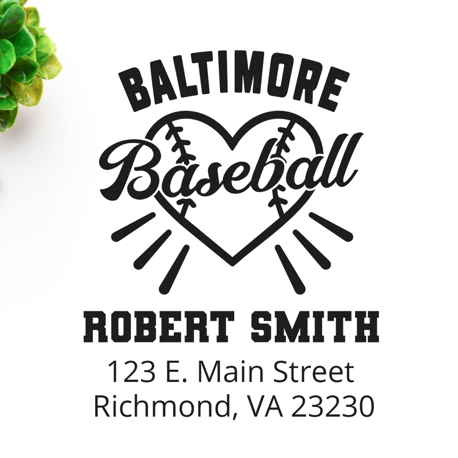 Custom Baltimore baseball rubber stamp with name Robert Smith and Richmond, VA return address inside a heart design.