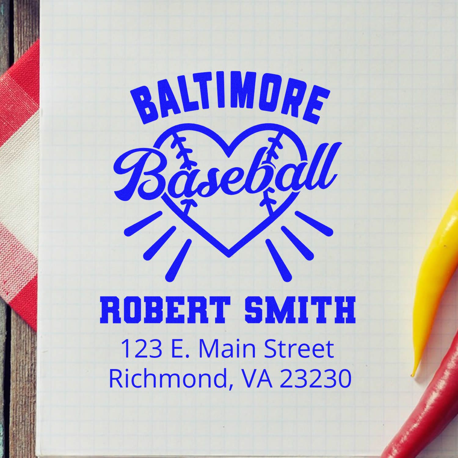 Custom baseball-themed return address rubber stamp with Baltimore Baseball heart logo, Robert Smith, and Richmond, VA 23230.