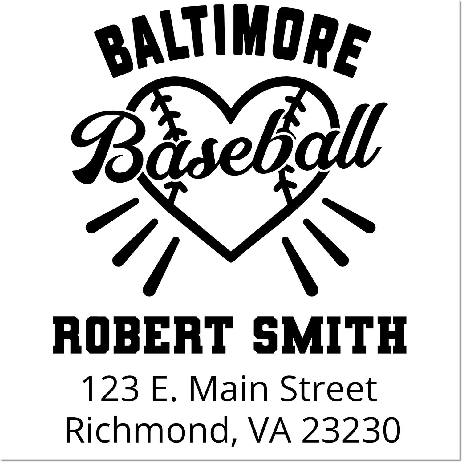 Personalized baseball address rubber stamp for Robert Smith, Baltimore heart logo, Richmond, VA 23230 return address.