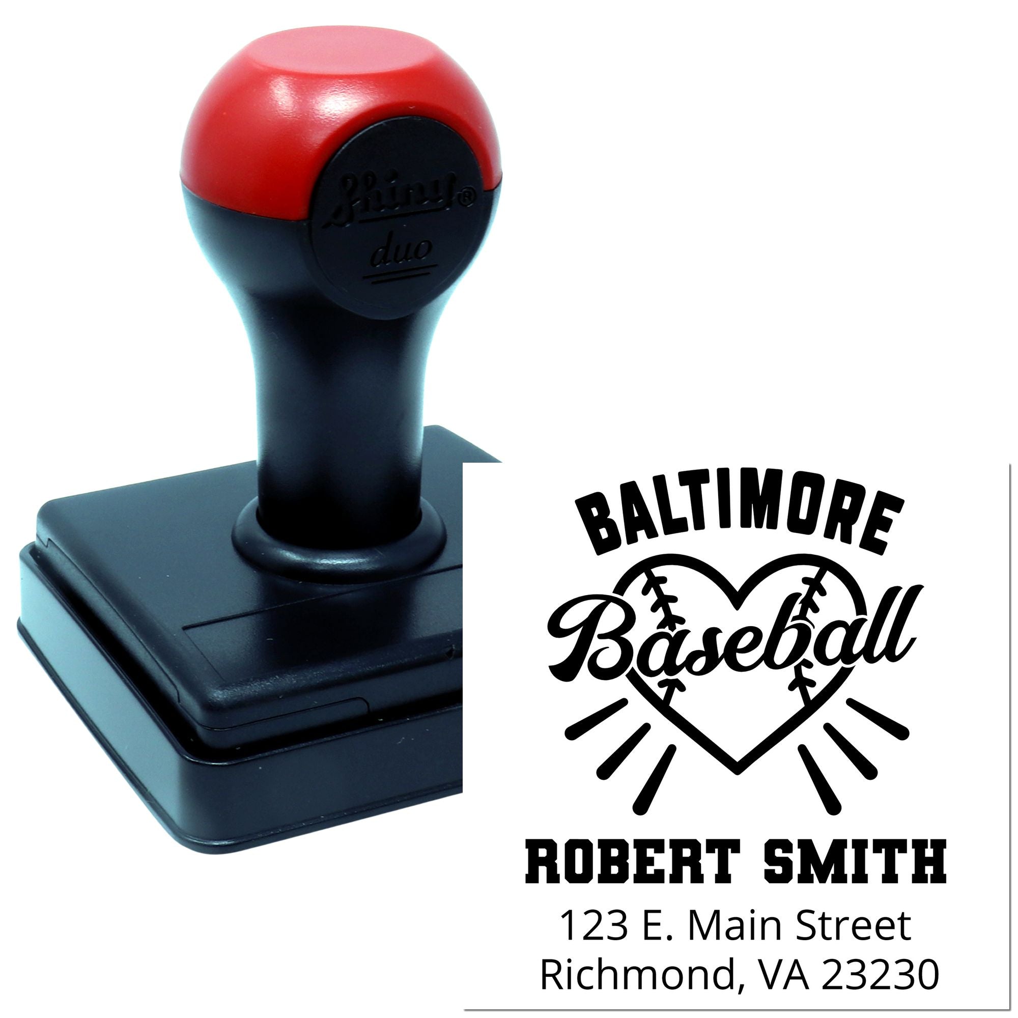 Custom self-inking rubber address stamp for Baltimore baseball, featuring Robert Smith name and Richmond, VA address.