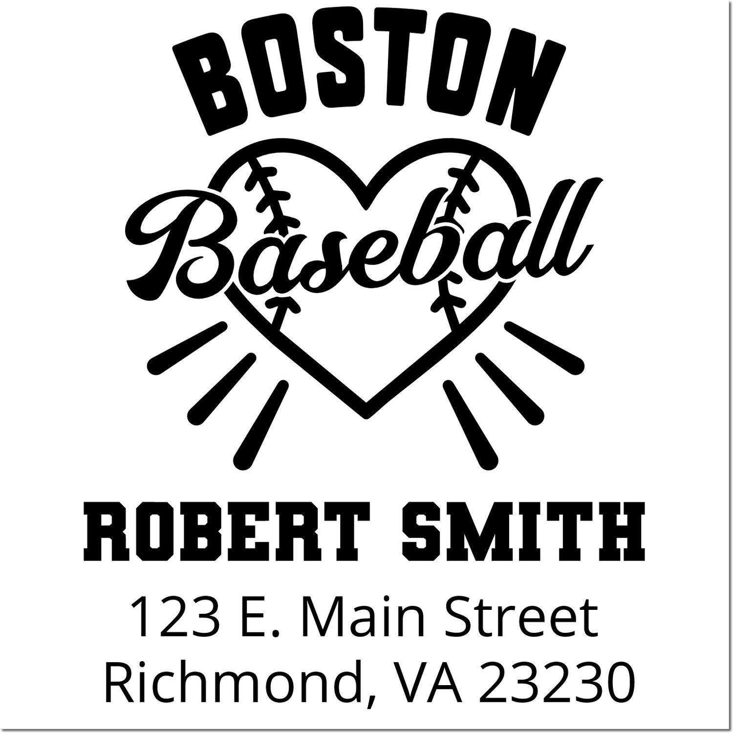 Custom Boston baseball rubber stamp with heart logo, Robert Smith name, and Richmond VA address for personalized stationery.